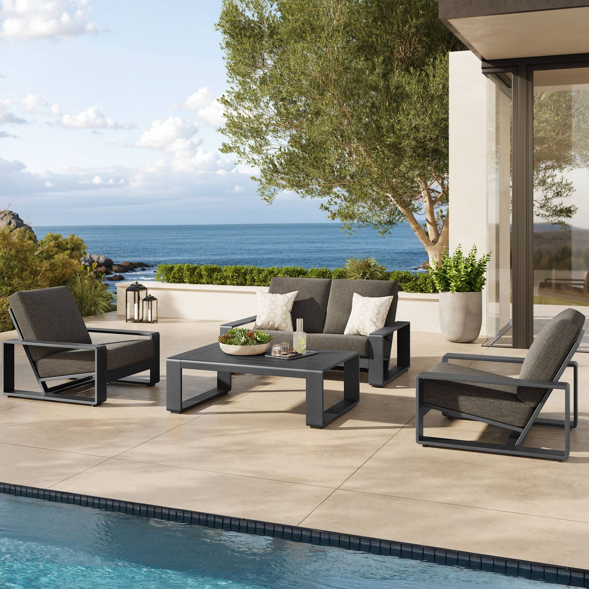 Alt View 6. Modway - Lirienne 4-Piece Outdoor Patio Aluminum Furniture Set - Powder-Coated Frame, Foam-Cushioned Seats - Smoke.