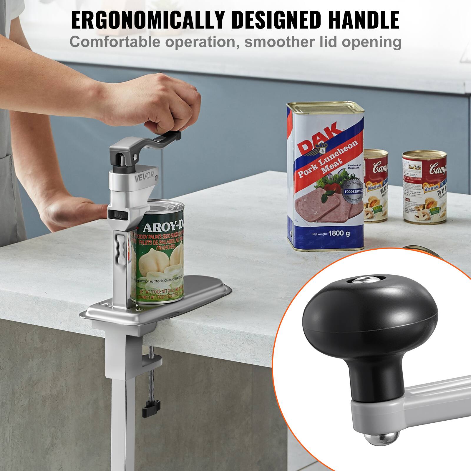 ERGONOMICALLY DESIGNED HANDLE  
Comfortable operation, smoother lid opening

VEVOR DAK Luncheon Meat - Pork Can

FOODSERVICE

AROY-D

COLD PALMS FRUITS DE PALMER TRANCHES

1800 g

Qetraton

Chea Ter

ETWTIPO

IPOCSNET

PERED NO