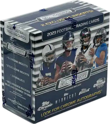 2023 Football Trading Cards
Topps Composite
- 5 Chrome Inserts
- 2 Exclusive Inserts
- 3 Parallels
- Resurgence Rookies Blue and Orange Spark
Brands Include: Topps, Chrome, Finest
Look for Chrome Autographs
6 Packs, 12 Cards per Pack, 60 Total Cards
Topps.com for details and entry