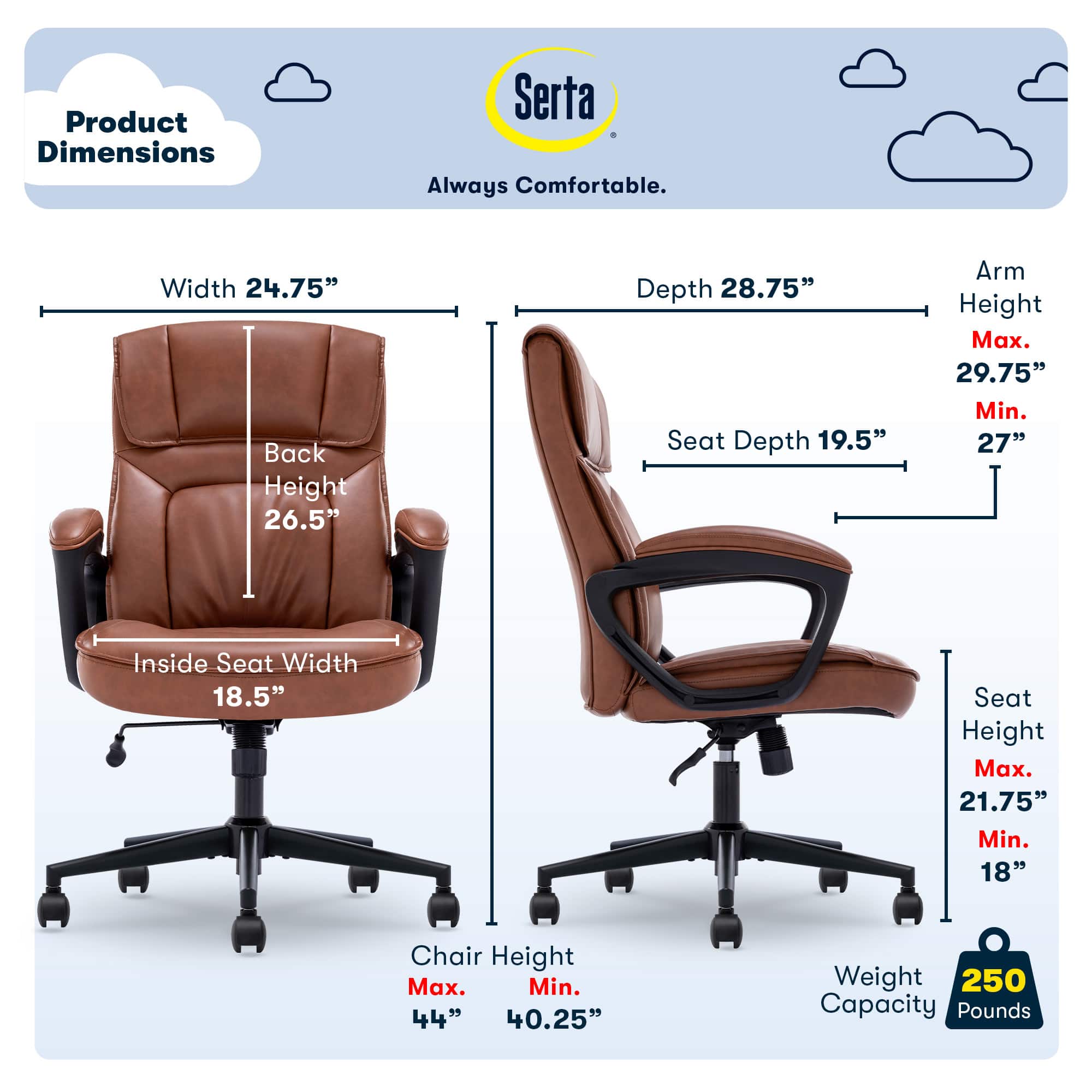 Product Dimensions Serta Always Comfortable. Width 24.75" Back Height 26.5" Depth 28.75" Seat Depth 19.5" Arm Height Max. 29.75" Min. 27" Inside Seat Width 18.5" Seat Height Max. 21.75" Min. 18" Chair Height Max. 44" 40.25" Weight 250 Capacity Pounds 250