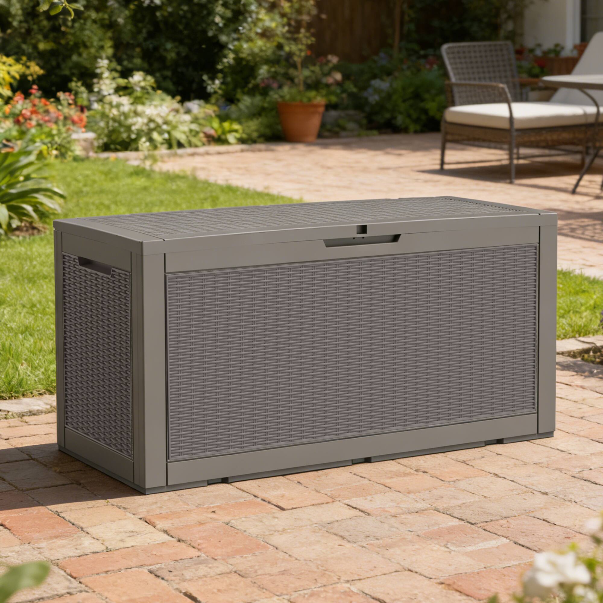 Left. Yardgrace - 100 Gallon Water Resistant Resin Lockable Deck Box - brown.