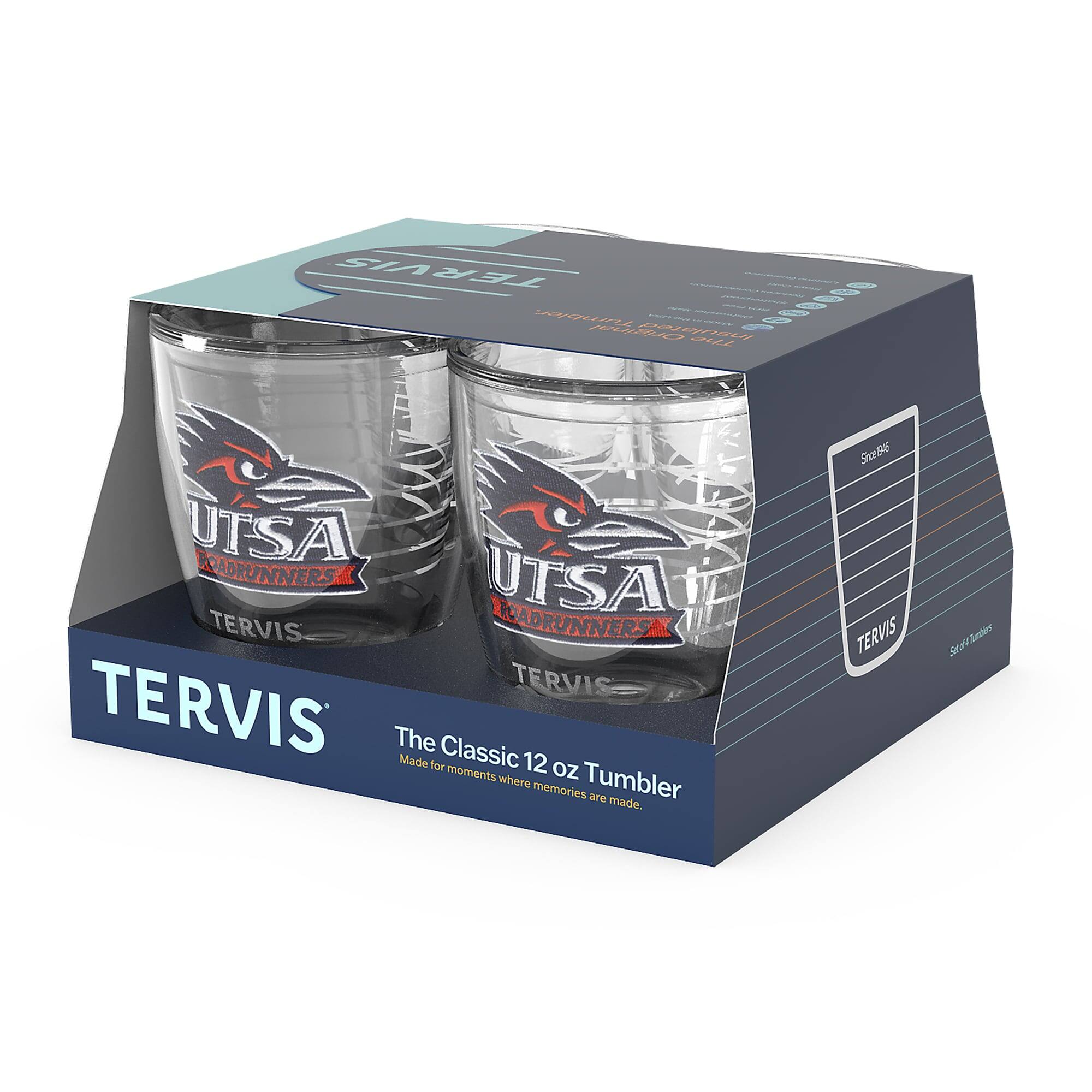 TERVIS  
The Classic 12 oz Tumbler  
Made for moments where memories are made.  

UTSA ROADRUNNERS  
TERVIS  

Size 8.5 oz  
Tumbler