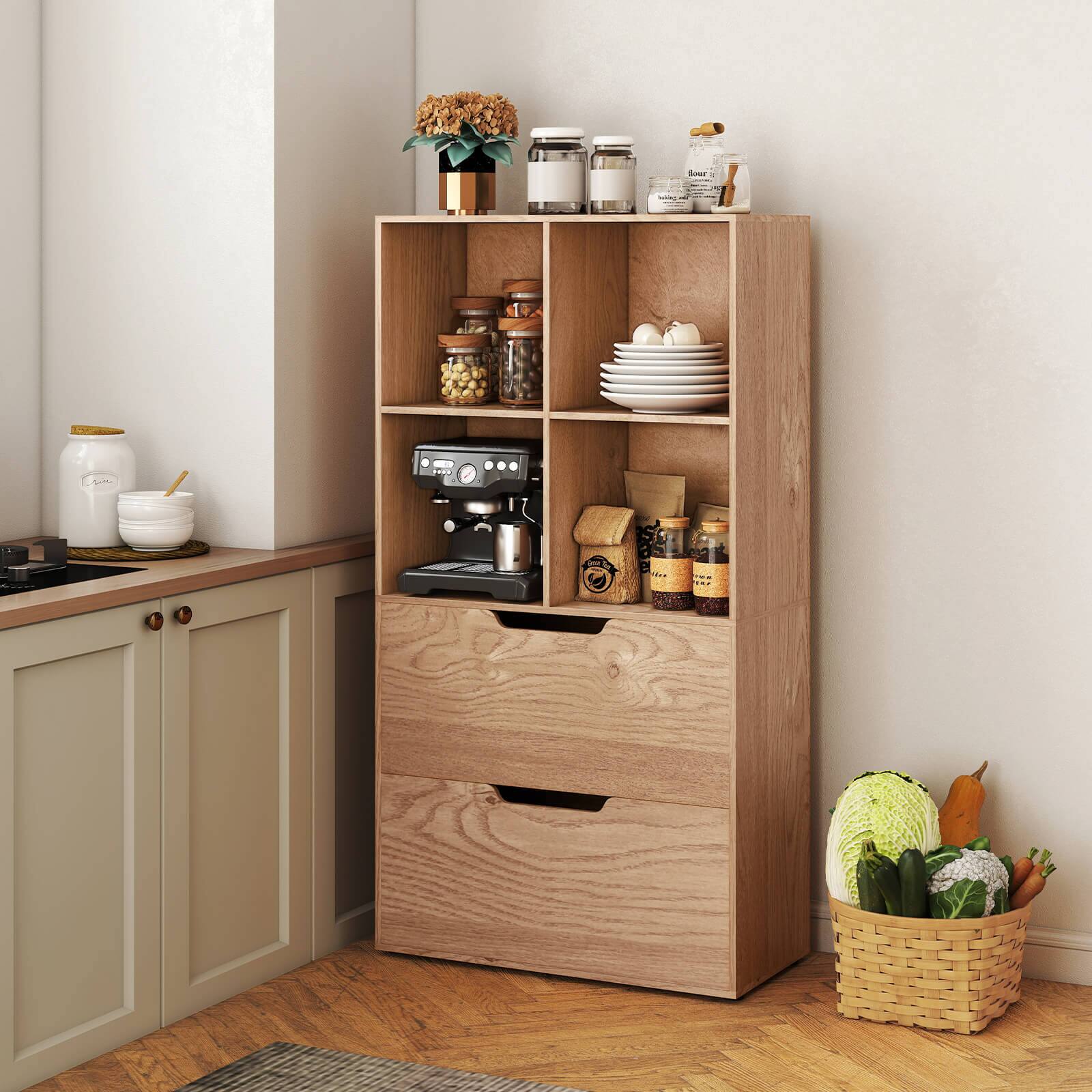 Alt View 5. Costway - Costway 2PCS 4-Cube Bookcase with 2 Drawers, 5-Tier Tall Freestanding Bookshelf for Study - Natural.