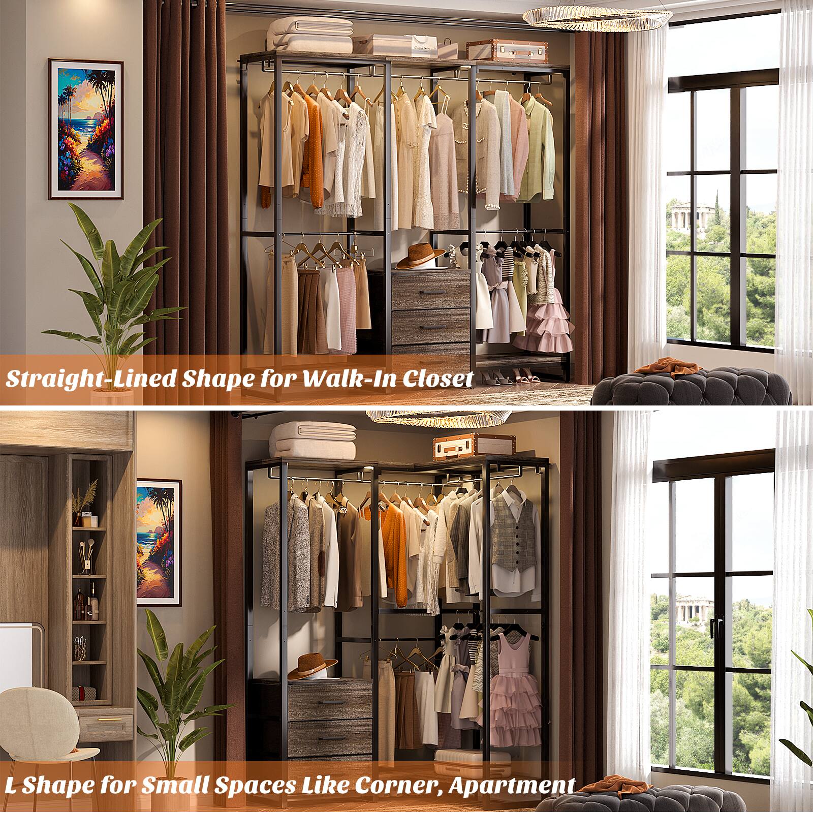 Straight-Lined Shape for Walk-In Closet  
L Shape for Small Spaces Like Corner, Apartment