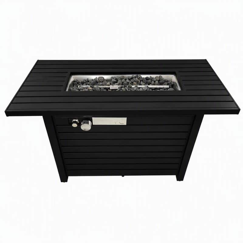 RYHNUYNE - Outdoor Steel Fire Pit Table with Lid, 42"W x 25" H Rectangular Fire Table for Garden Deck Patio - Black