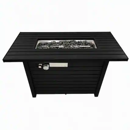 Front. RYHNUYNE - Outdoor Black Steel Fire Pit Table with Lid, 42"W x 25" H Rectangular Fire Table for Garden Deck Patio - Black.