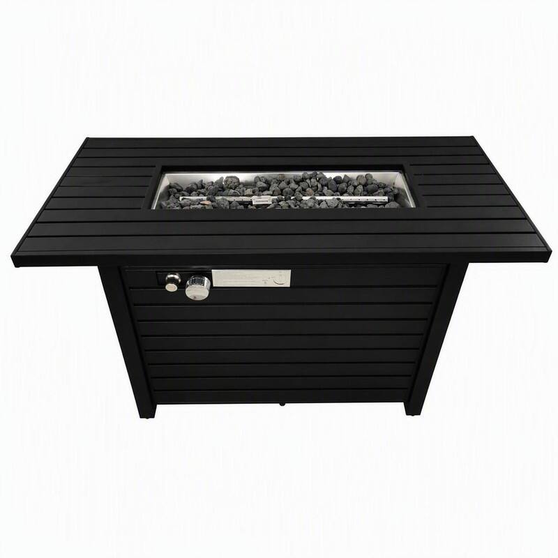 Front. RYHNUYNE - Outdoor Black Steel Fire Pit Table with Lid, 42"W x 25" H Rectangular Fire Table for Garden Deck Patio - Black.