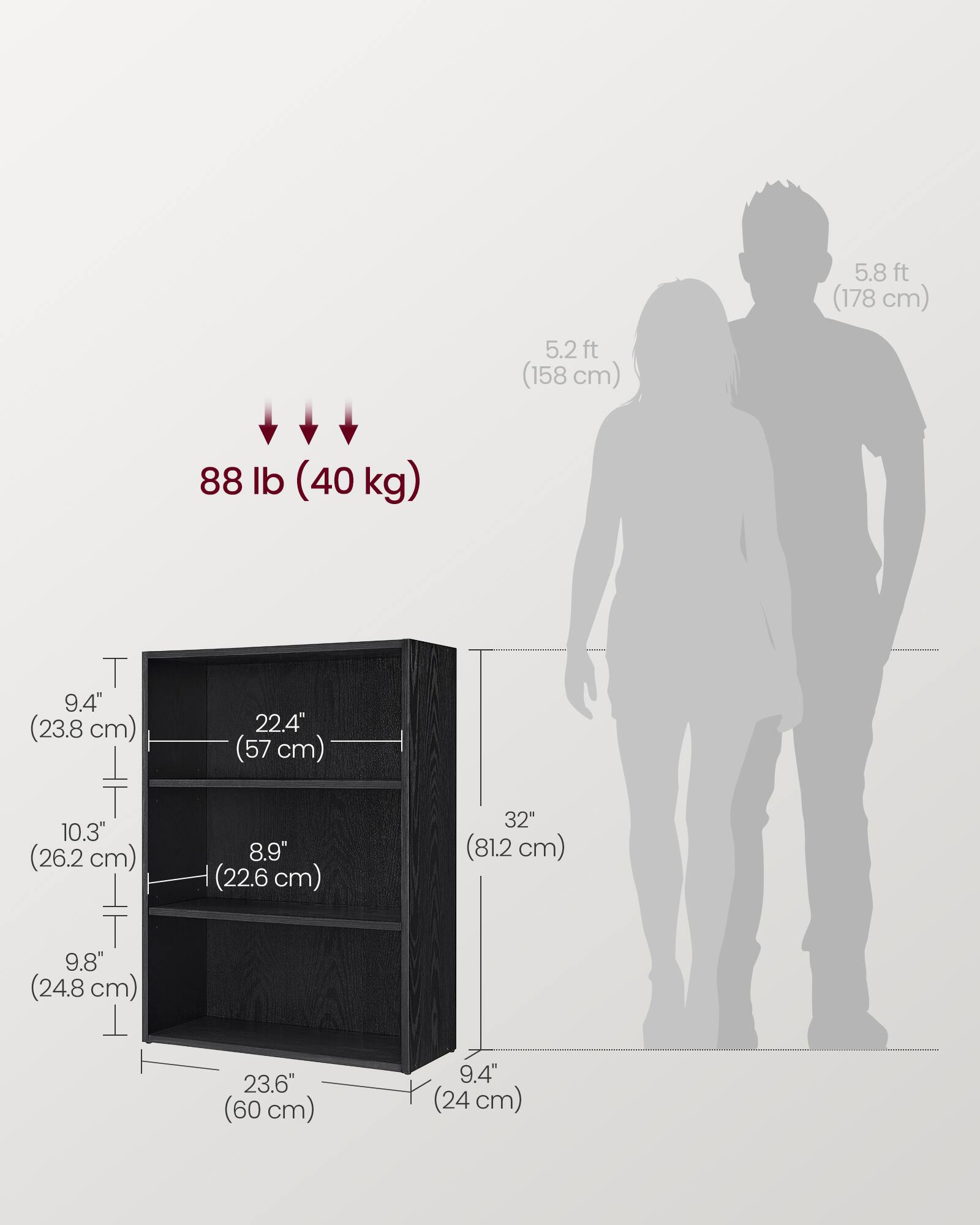 5.8 ft (178 cm)  
5.2 ft (158 cm)  
88 lb (40 kg)  

9.4" (23.8 cm)  
22.4" (57 cm)  
10.3" (26.2 cm)  
8.9" (22.6 cm)  
32" (81.2 cm)  
9.8" (24.8 cm)  
23.6" (60 cm)  
9.4" (24 cm)