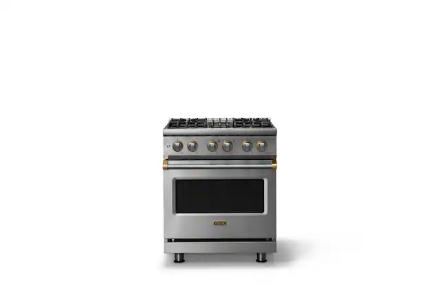 Front. Viking - 30"W Pro5S 4.7 Cu.Ft. Freestanding Sealed Dual Fuel Convection 4 Burner Range with Brushed Brass - Stainless Steel.