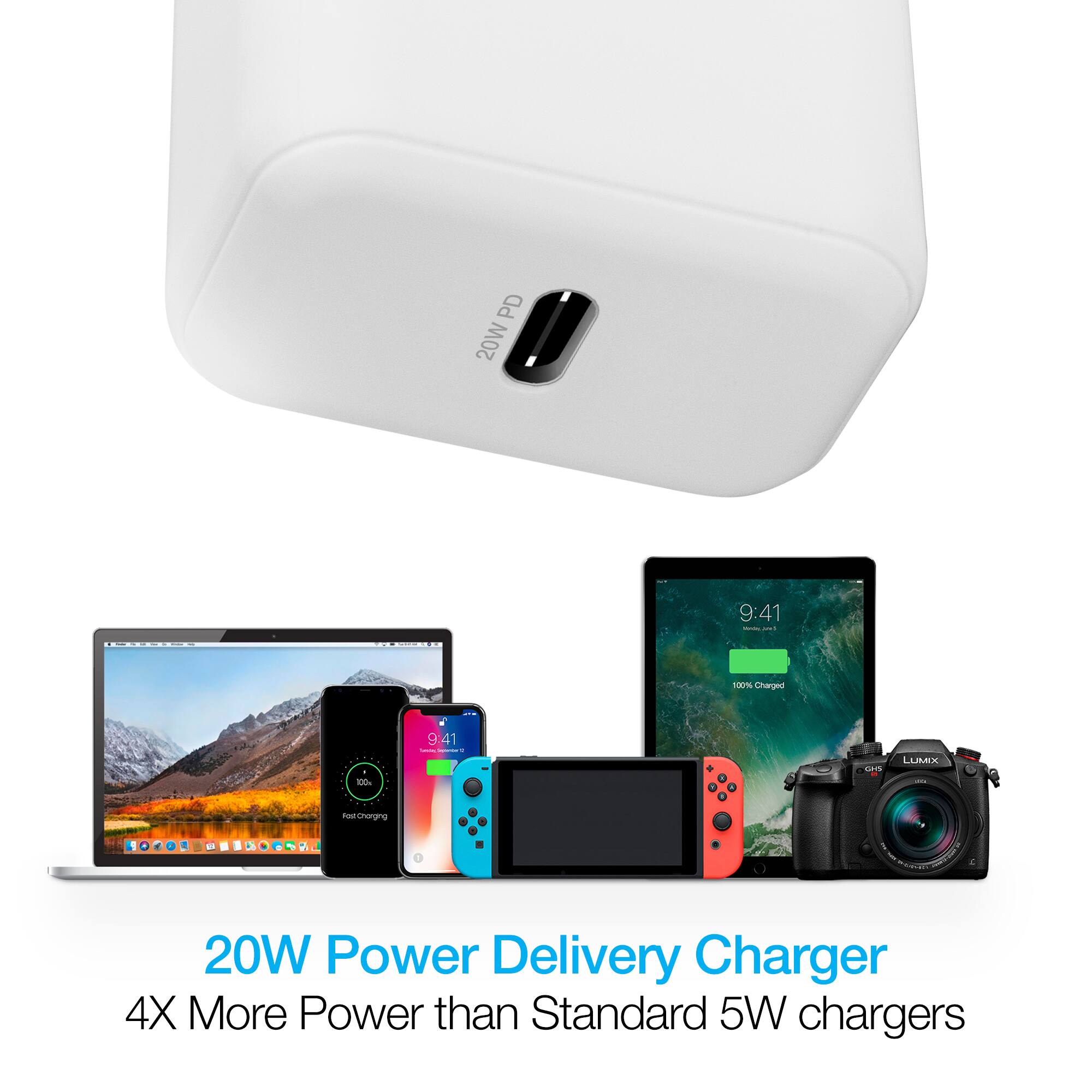 PD 20W 9:41 - I I EP Charged: 8X 9:41 | | - T LMER nChops d . . 1 - P . 20W Power Delivery Charger 4X More Power than Standard 5W chargers