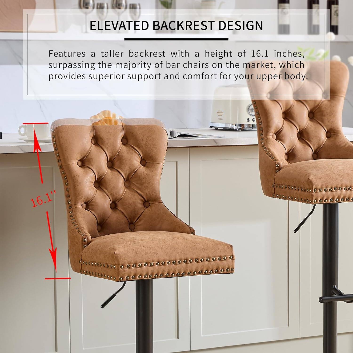 ELEVATED BACKREST DESIGN

Features a taller backrest with a height of 16.1 inches, surpassing the majority of bar chairs on the market, which provides superior support and comfort for your upper body.