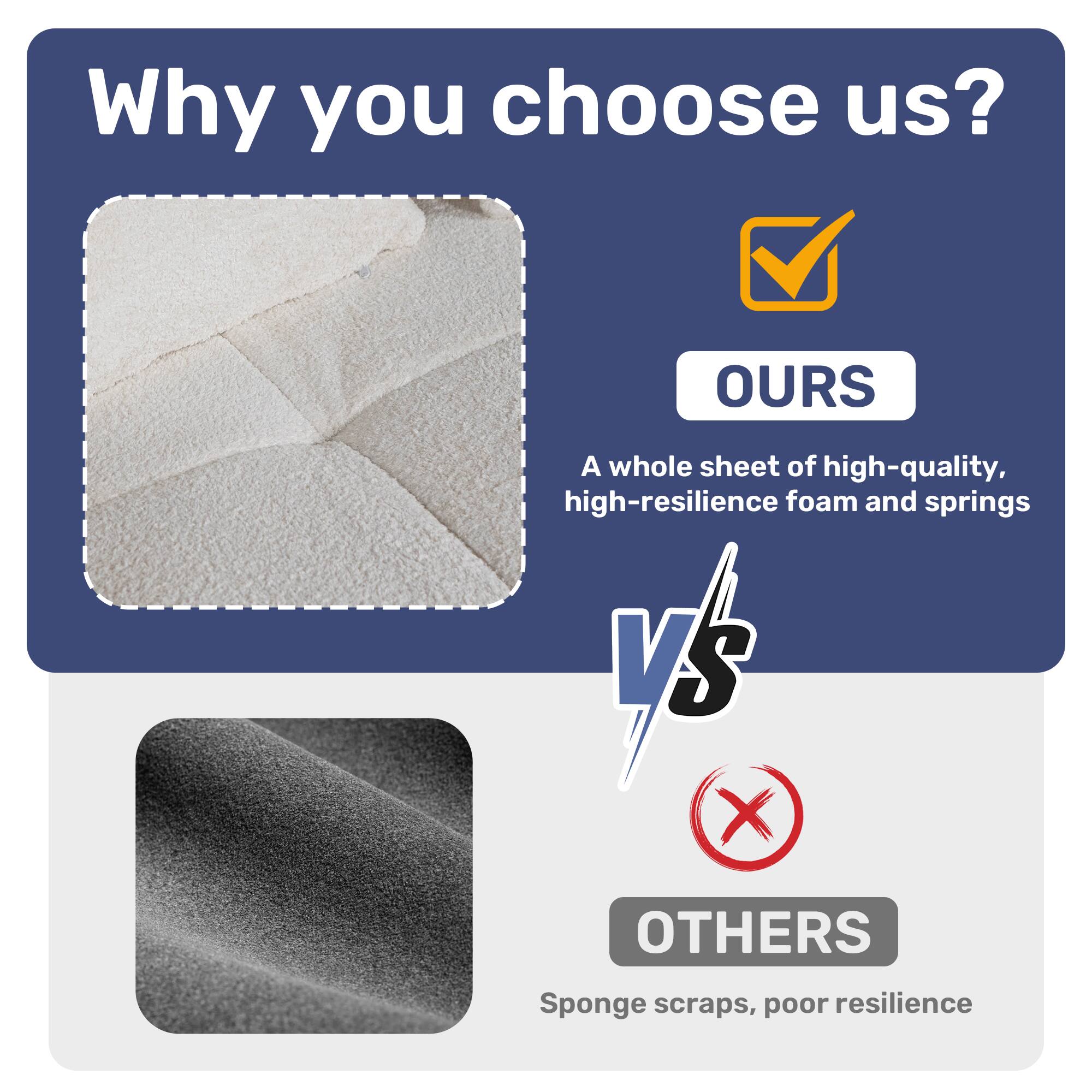 Why you choose us?

**OURS**  
A whole sheet of high-quality, high-resilience foam and springs

**VS**

**OTHERS**  
Sponge scraps, poor resilience