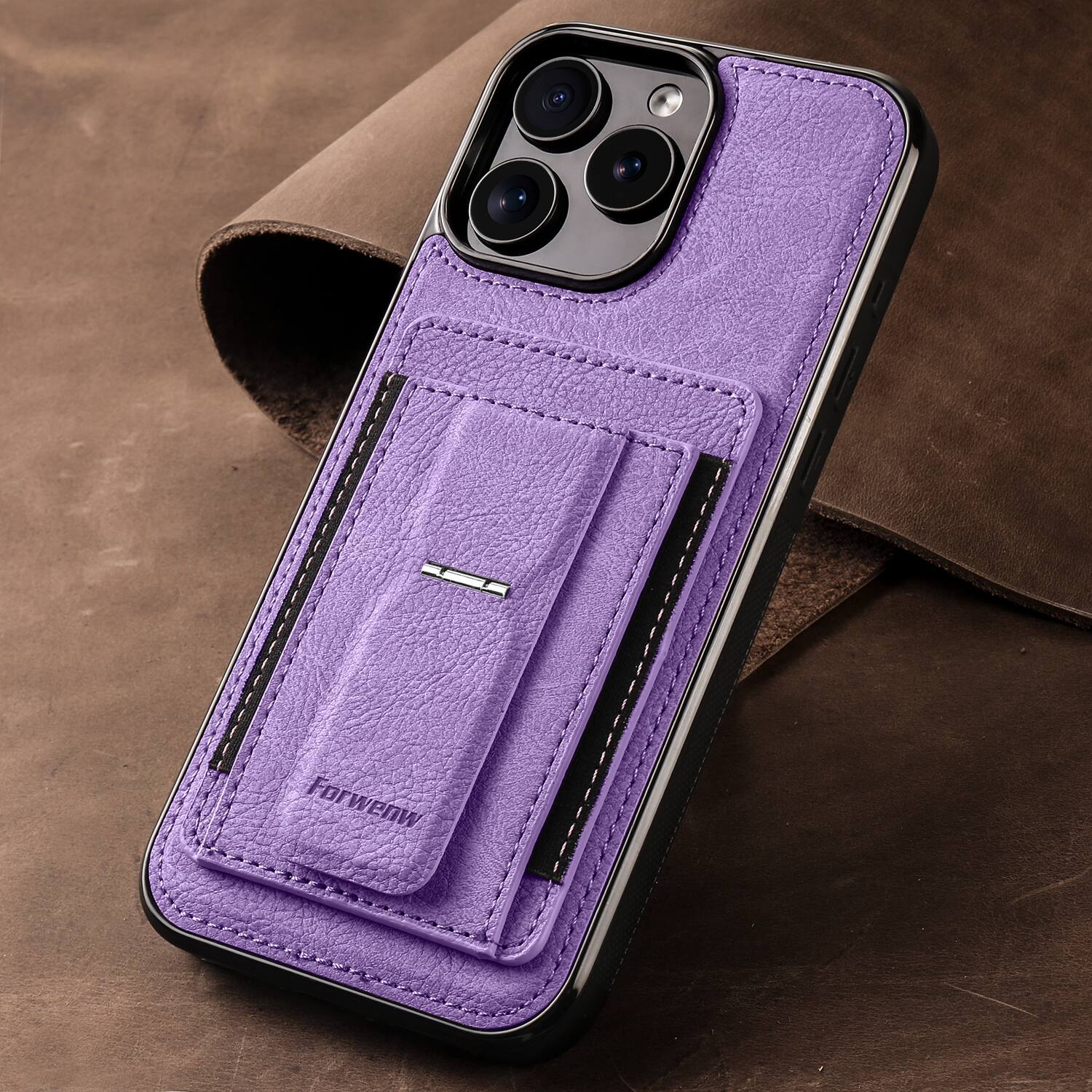 Back. Dteck - Slim Card Holder Case for Apple iPhone 16 Pro, Shockproof Wallet Protective Cover with Kickstand - Purple.