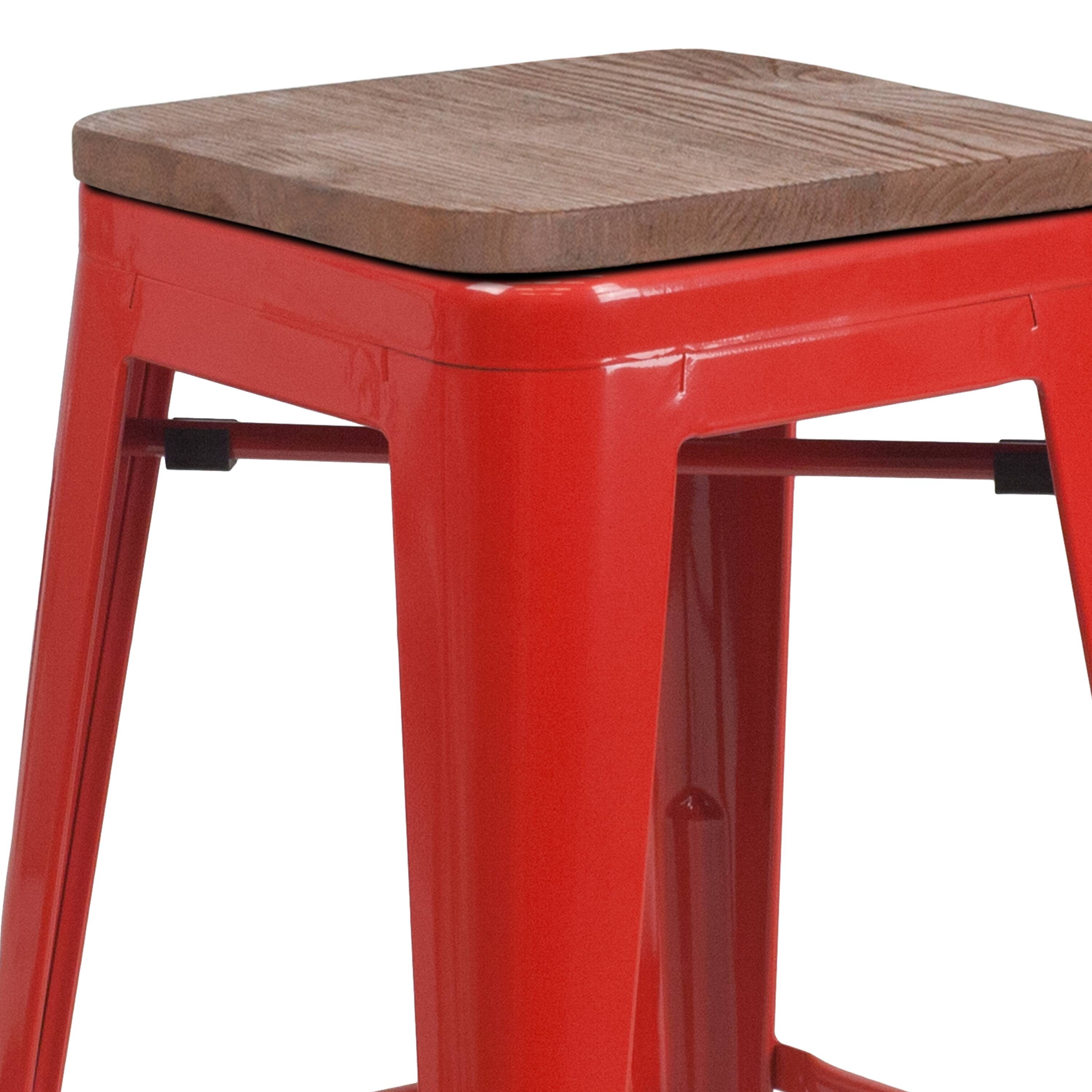 Alt View 8. Emma + Oliver - 24"H Backless Metal Counter Height Stool with Wood Seat - Red.
