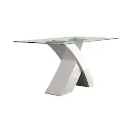Manhattan Lane - Glass Top Dining Table With X Shape Wooden Base - White, Clear