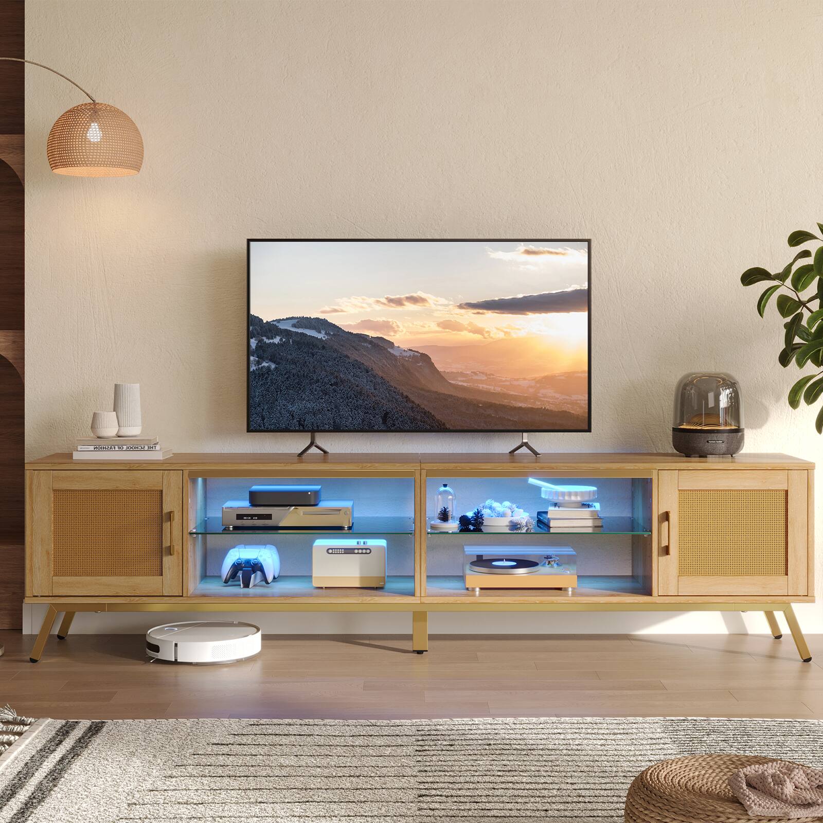 Alt View 1. Bestier - 80" Gaming TV Stand for up to 85" TVs, 4-in-1 LED Lit Boho Media Console - Wood.