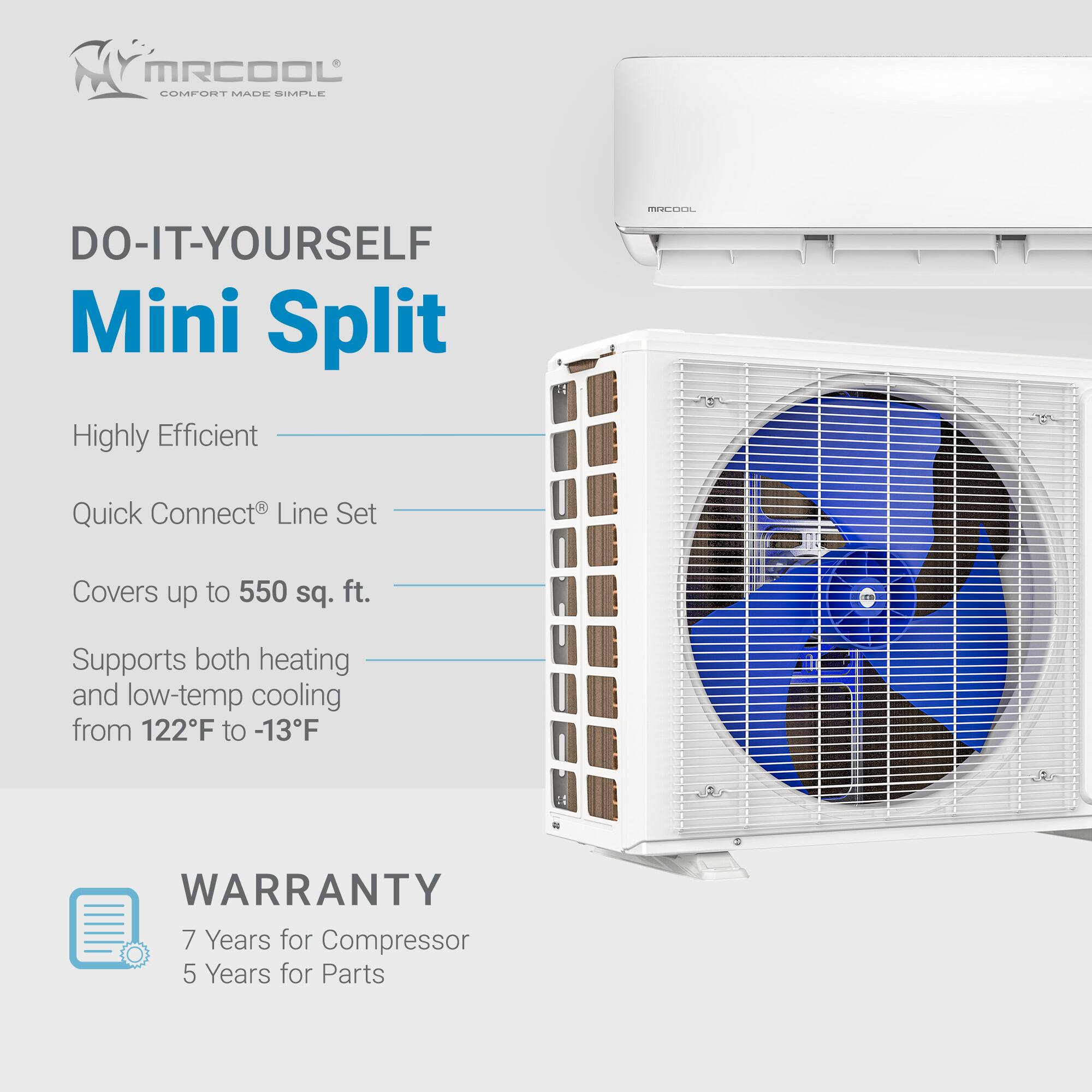 MR COOL COMFORT MADE SIMPLE DO-IT-YOURSELF Mini Split  
Highly Efficient  
Quick Connect® Line Set  
Covers up to 550 sq. ft.  
Supports both heating and low-temp cooling from 122°F to -13°F  
WARRANTY  
7 Years for Compressor  
5 Years for Parts