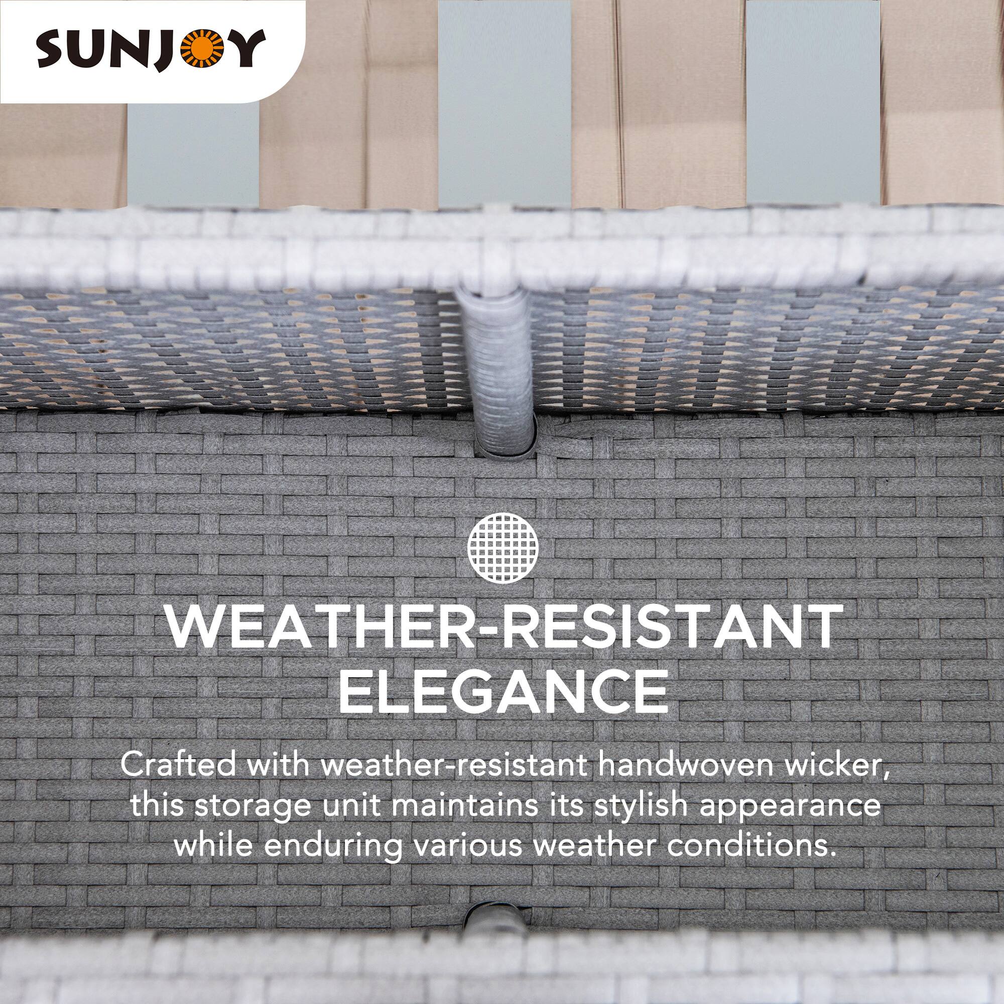 SUNJOY

WEATHER-RESISTANT ELEGANCE

Crafted with weather-resistant handwoven wicker, this storage unit maintains its stylish appearance while enduring various weather conditions.