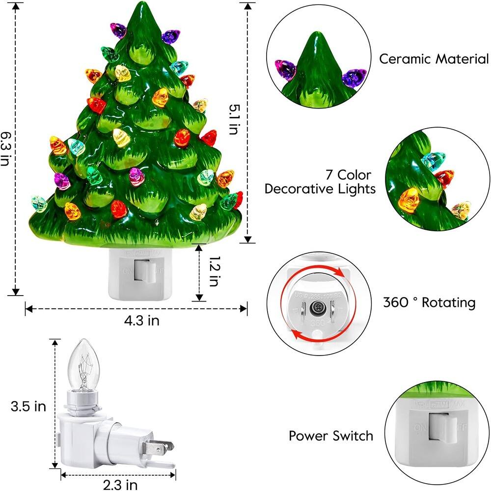 - Ceramic Material
- 7 Color Decorative Lights
- 360° Rotating
- Power Switch
- Dimensions: 6.3 in (height), 5.1 in (width), 4.3 in (base width), 1.2 in (base depth)
- Bulb: 3.5 in (height), 2.3 in (width)