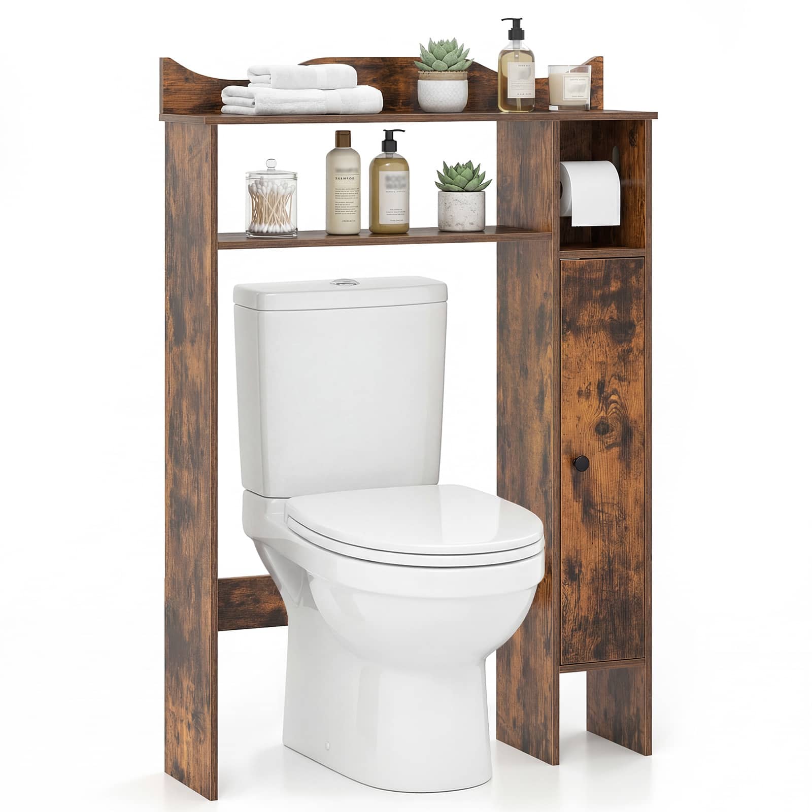 Costway - Over The Toilet Storage Cabinet with Toilet Paper Holder and Removable Shelves - Rustic Brown