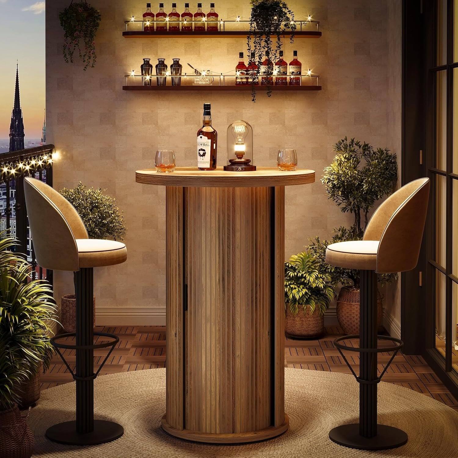 Alt View 3. Tribesigns - Bar Table with Engineered Wood Construction, Storage Shelves and Round Top for Dining Room and Kitchen - Brown.