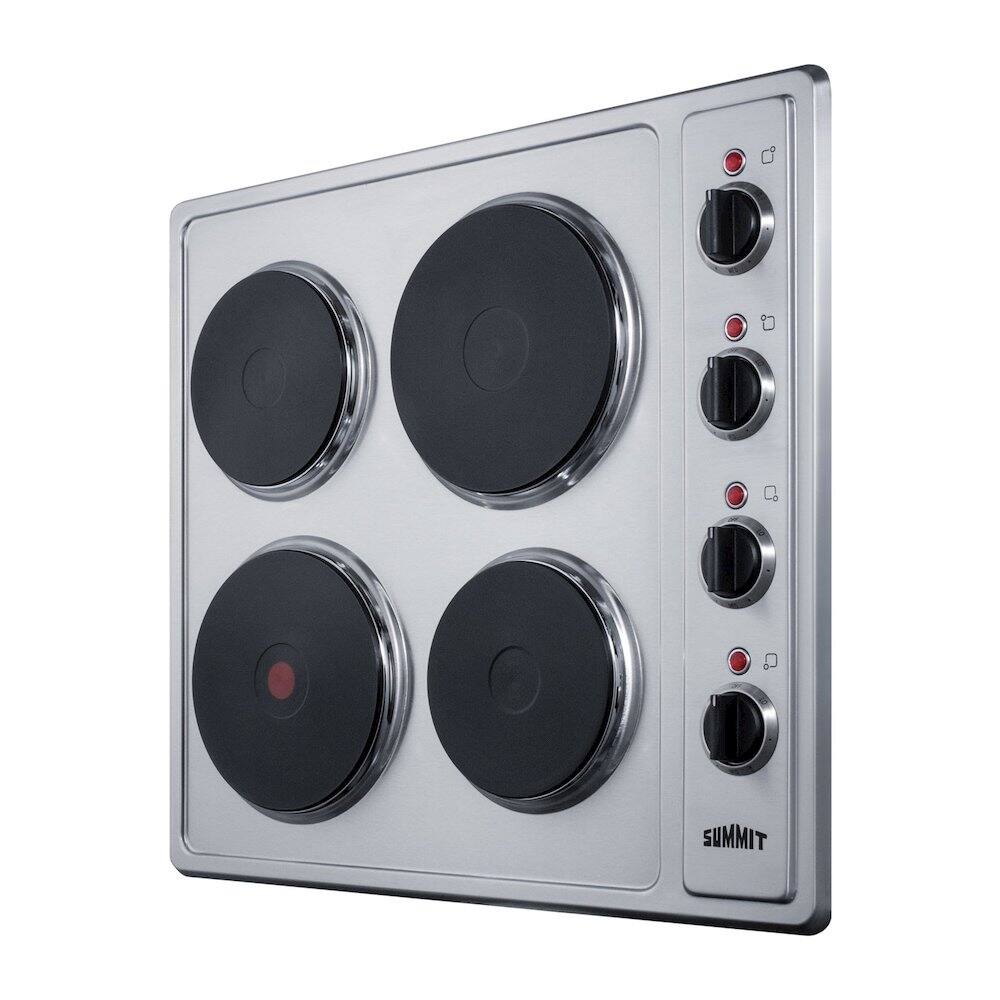 Angle. SUMMIT - 24" Wide 230V 4-Burner Solid Disk Cooktop - Silver.
