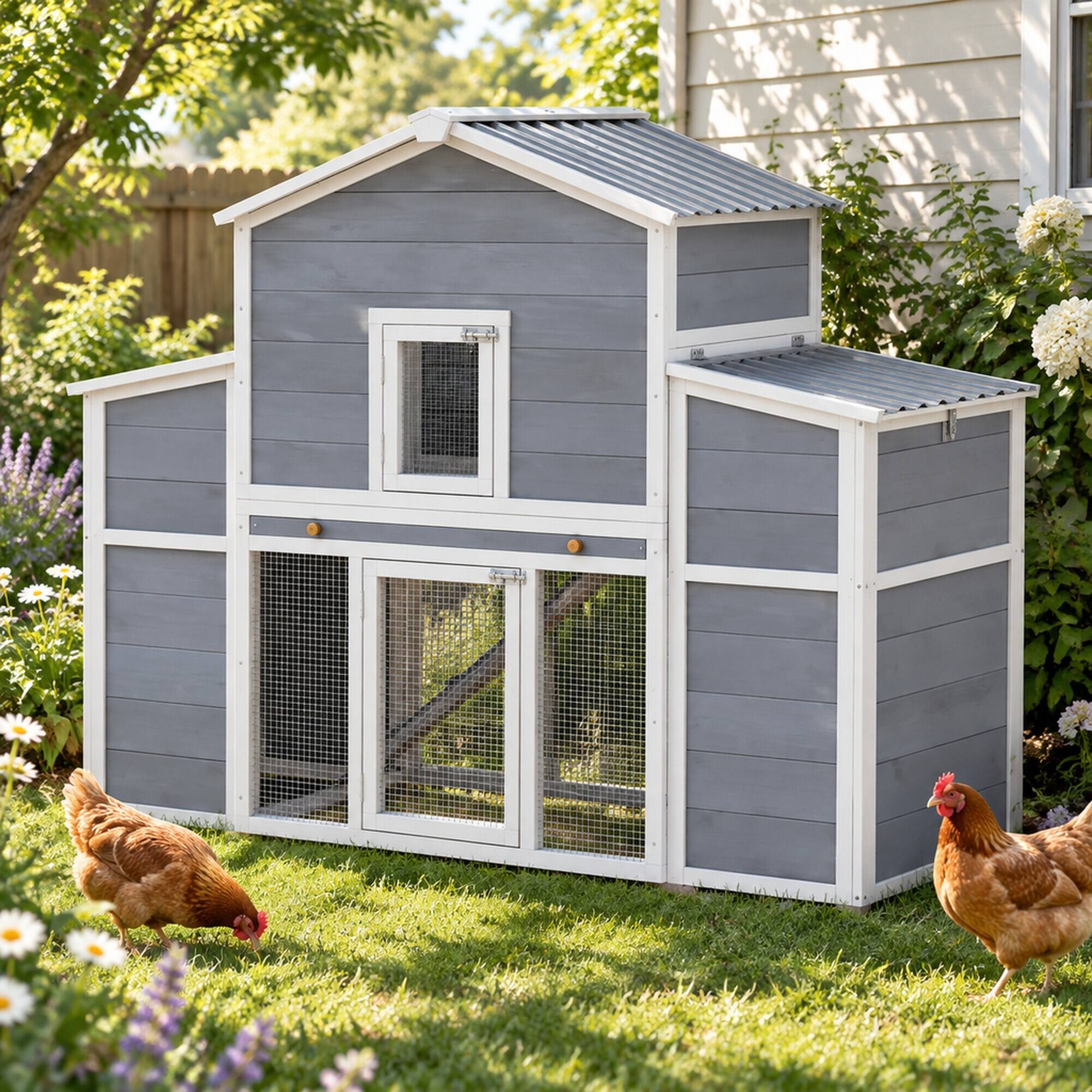 Alt View 1. RYHNUYNE - Wooden Chicken Coop, 66.5 in Large Pet House, Pine Wood, 2-4 Chickens, Gray.