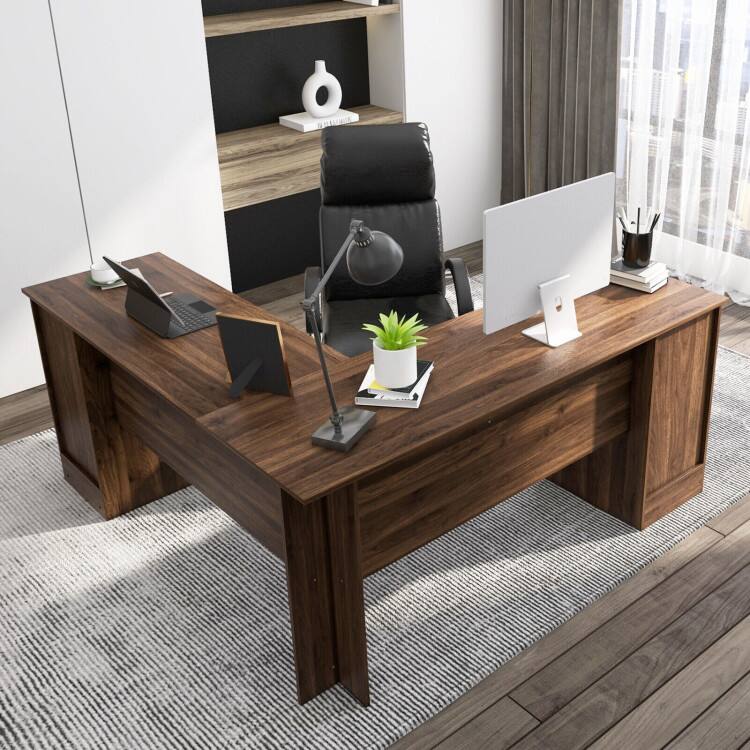 Left. SlickBlue - L-Shaped Writing Desk with Drawers and Slide-Out Keyboard Tray for Workspace - Walnut.