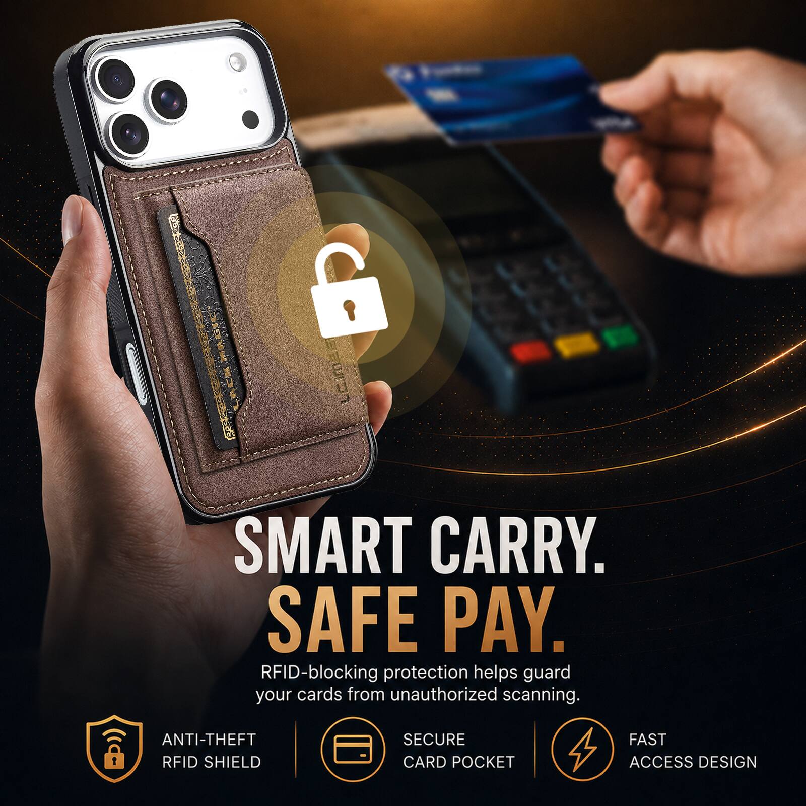 SMART CARRY. SAFE PAY.  
RFID-blocking protection helps guard your cards from unauthorized scanning.  
ANTI-THEFT RFID SHIELD  
SECURE CARD POCKET  
FAST ACCESS DESIGN
