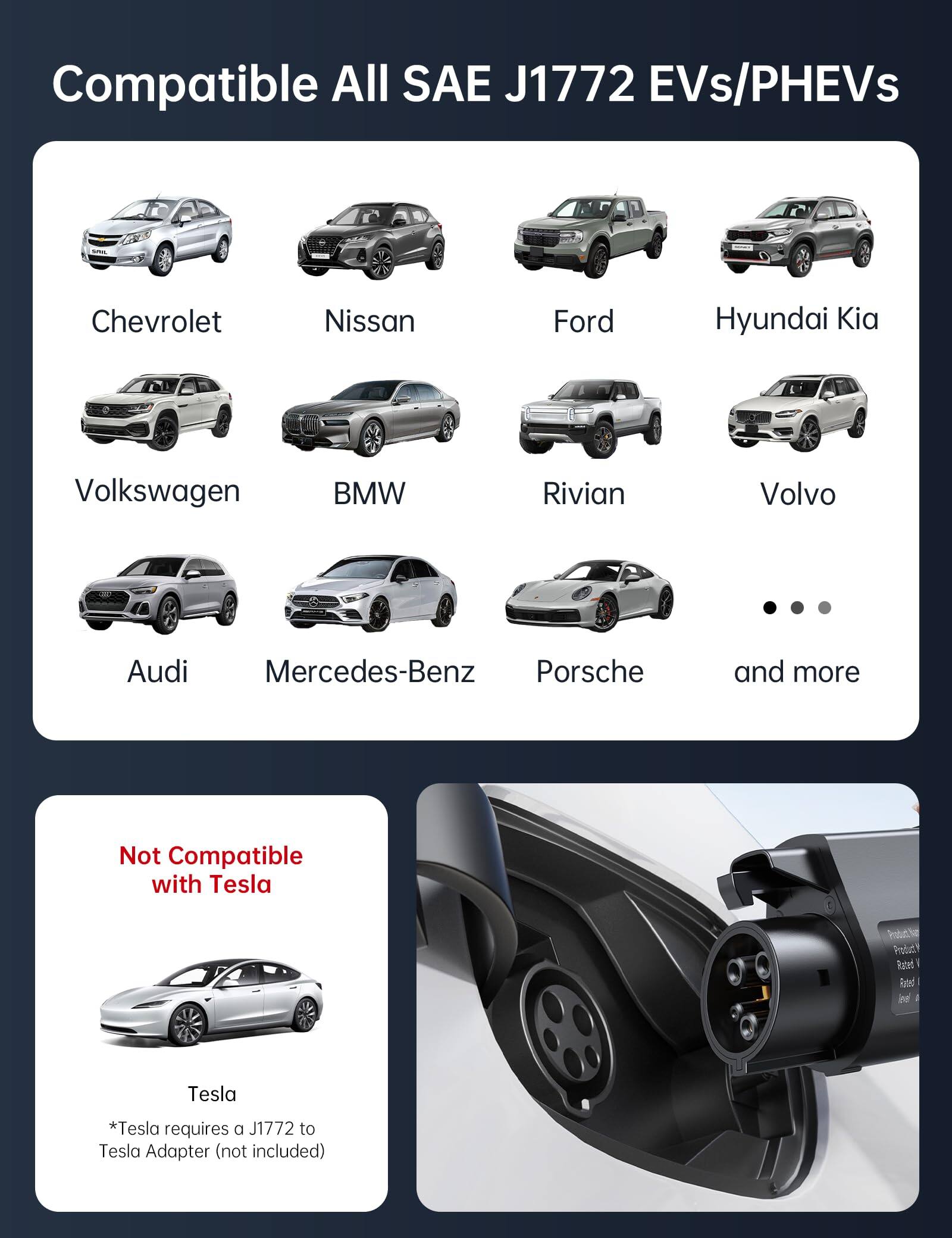 Compatible All SAE J1772 EVs/PHEVs

- Chevrolet
- Nissan
- Ford
- Hyundai Kia
- Volkswagen
- BMW
- Rivian
- Volvo
- Audi
- Mercedes-Benz
- Porsche
- and more

Not Compatible with Tesla

*Tesla requires a J1772 to Tesla Adapter (not included)