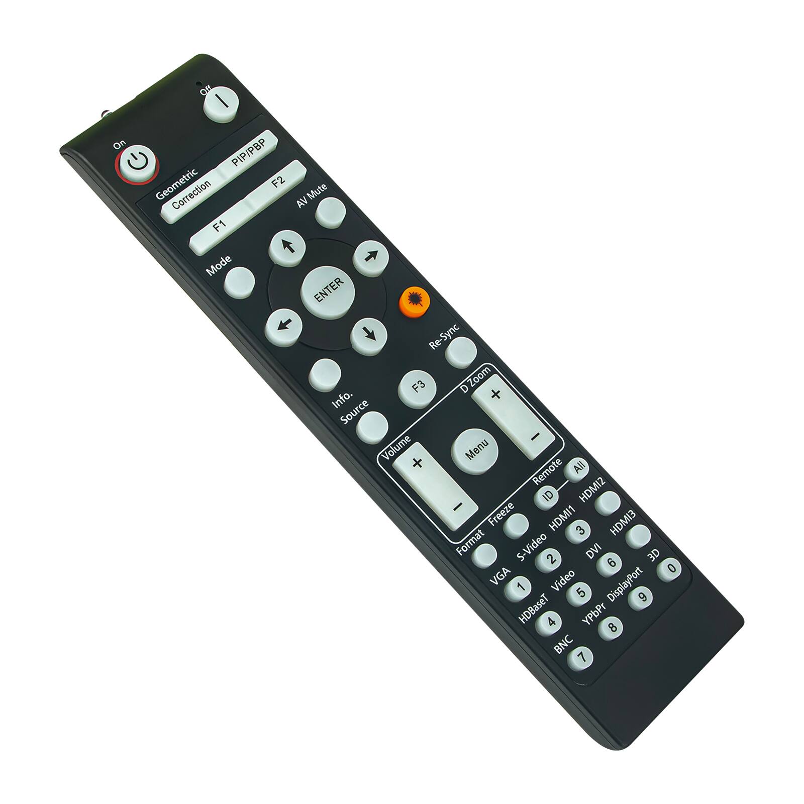 Sure, here is the corrected and grouped text from the image:

---

**Top Row:**
- On
- Geometric Correction
- PIP/PBP
- F2
- AV Mute
- F1
- Mode
- ENTER
- Re-Sync
- F3
- Info.
- Source
- Volume
- Menu
- Format
- S-Video
- DVI
- 3D
- 2
- 6
- 0
- VGA
- 1
- Video
- DisplayPort
- 5
- 9
- HDBaseT
- 4
- YPbPr
- 8
- BNC
- 7

**Middle Row:**
- Zoom
- + (Zoom In)
- - (Zoom Out)
- Freeze
- HDMI2
- HDMI1
- HDMI3
- 3
- 1
- 2
- 5
- 6
- 9
- 4
- 8
- 7

**Bottom Row:**
- Remote
- All
- ID
- HDMI2
- HDMI1
- HDMI3
- 3
- 1