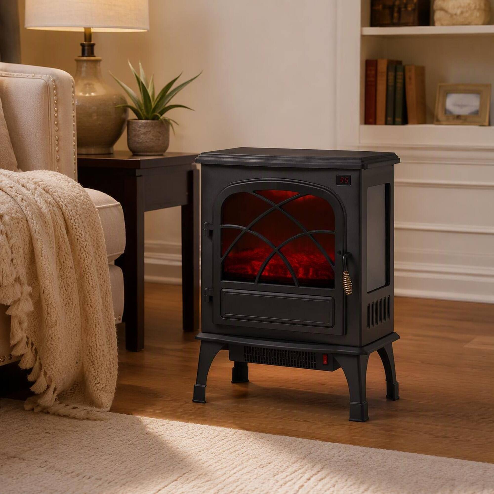 Left. RYHNUYNE - 25.5 Inch Freestanding Electric Fireplace Heater, 1500W Adjustable Flames Remote Control For Home Warmth Decor - Black.