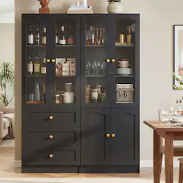 Aheaplus - 80'' Tall Pantry Cabinet Set of 2, with 3 Drawers, Glass Doors, and Adjustable Shelves - Black