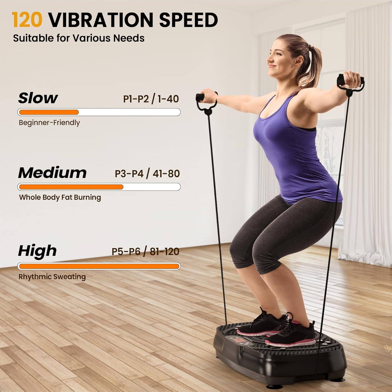 120 VIBRATION SPEED  
Suitable for Various Needs  

Slow  
P1-P2 / 1-40  
Beginner-Friendly  

Medium  
P3-P4 / 41-80  
Whole Body Fat Burning  

High  
P5-P6 / 81-120  
Rhythmic Sweating