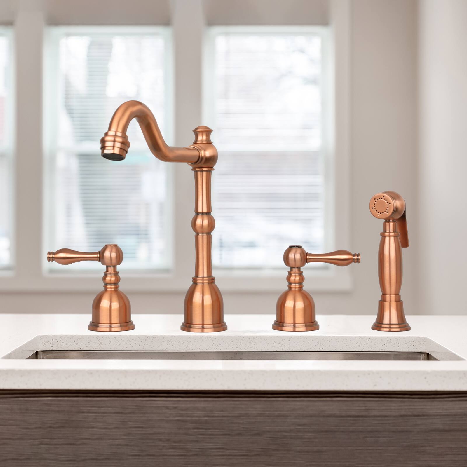 Alt View 7. Akicon - Akicon Solid Brass Two-Handles 360° Swivel Widespread Kitchen Faucet with Side Sprayer in Copper - Copper.