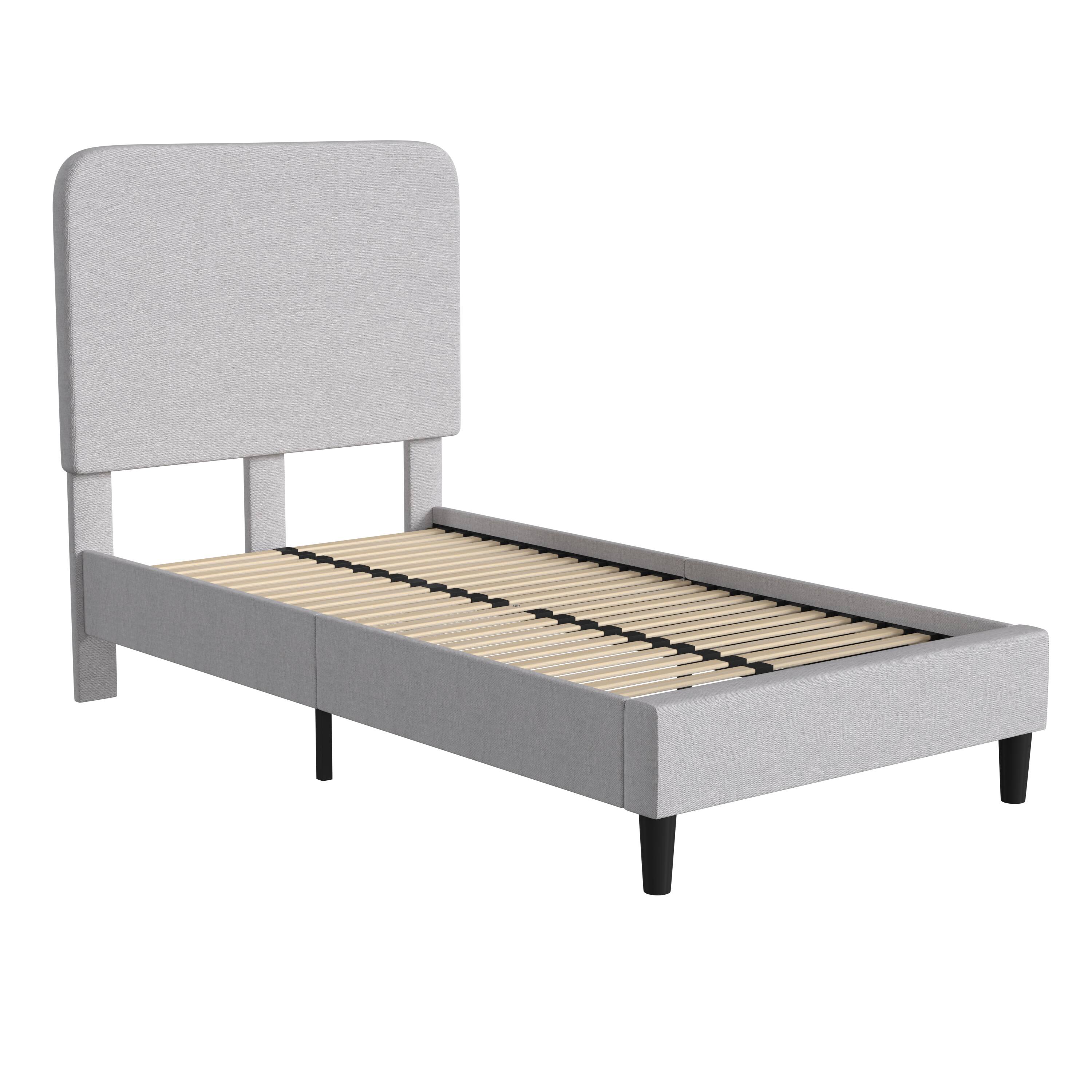 Alt View 1. Emma + Oliver - Pasithea Upholstered Platform Bed with Curved, Slim Panel Headboard and Wooden Support Slats - Light Grey.