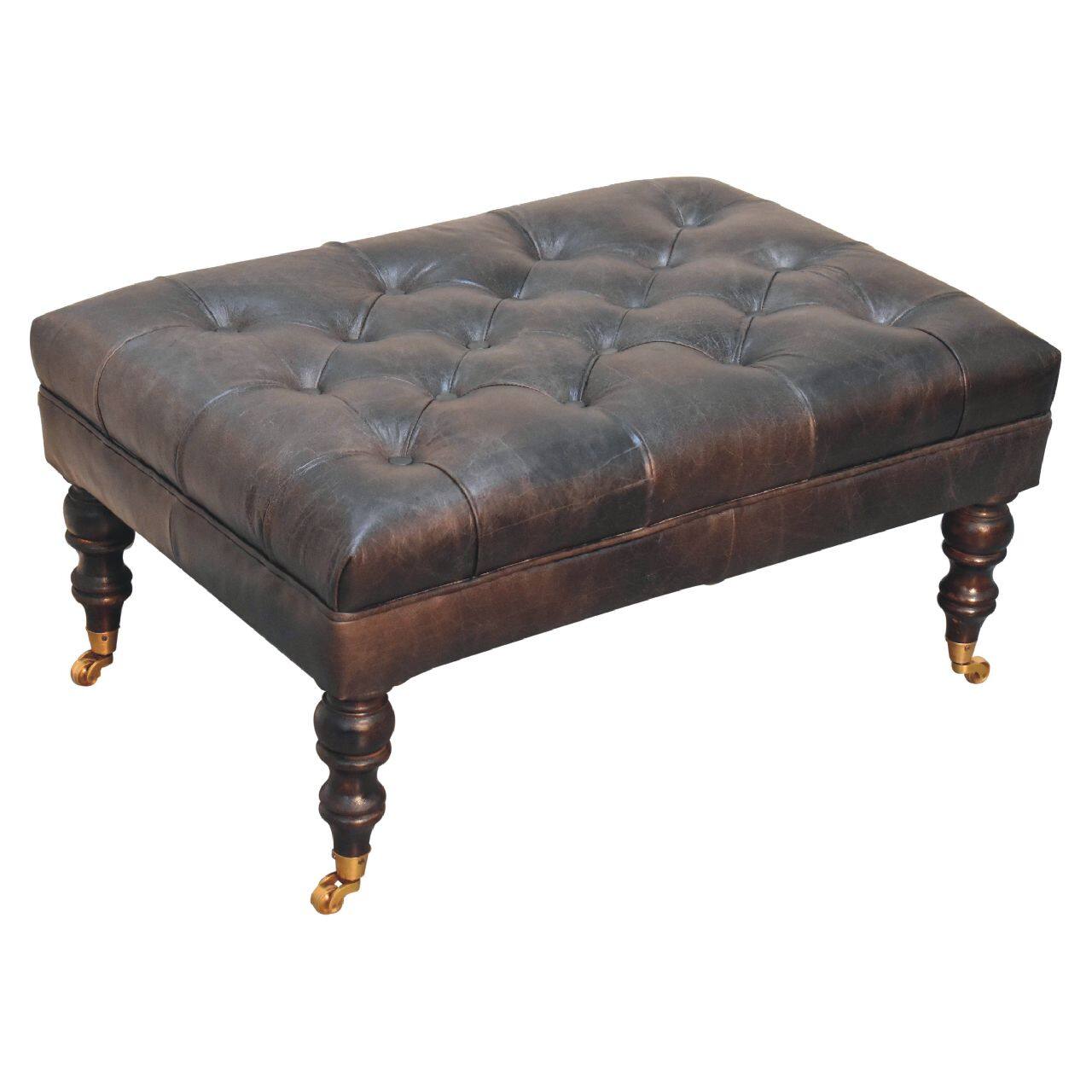 Alt View 2. Artisan Furniture - Artisan Furniture Solid Wood Buffalo Ash Black Leather Ottoman with Castor Legs, Upholstered, Black - Black.
