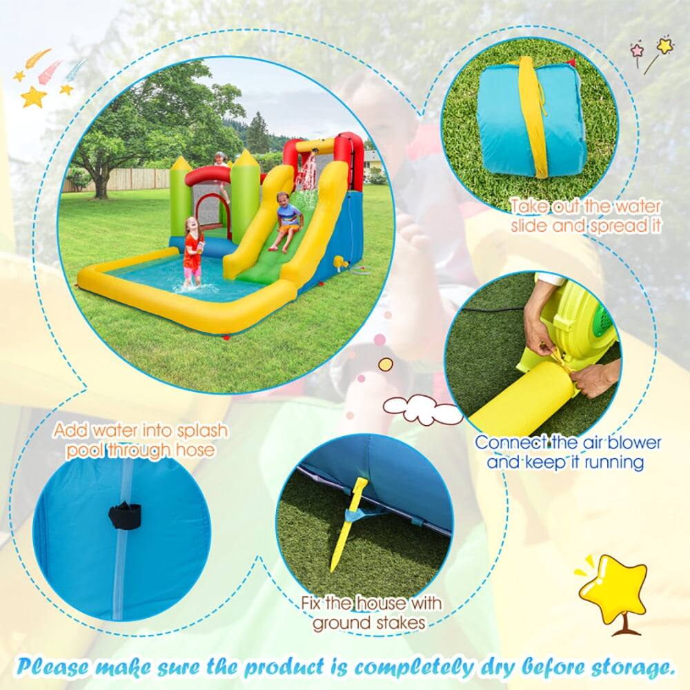 Take out the water slide and spread it.  
Add water into splash pool through hose.  
Connect the air blower and keep it running.  
Fix the house with ground stakes.  
Please make sure the product is completely dry before storage.