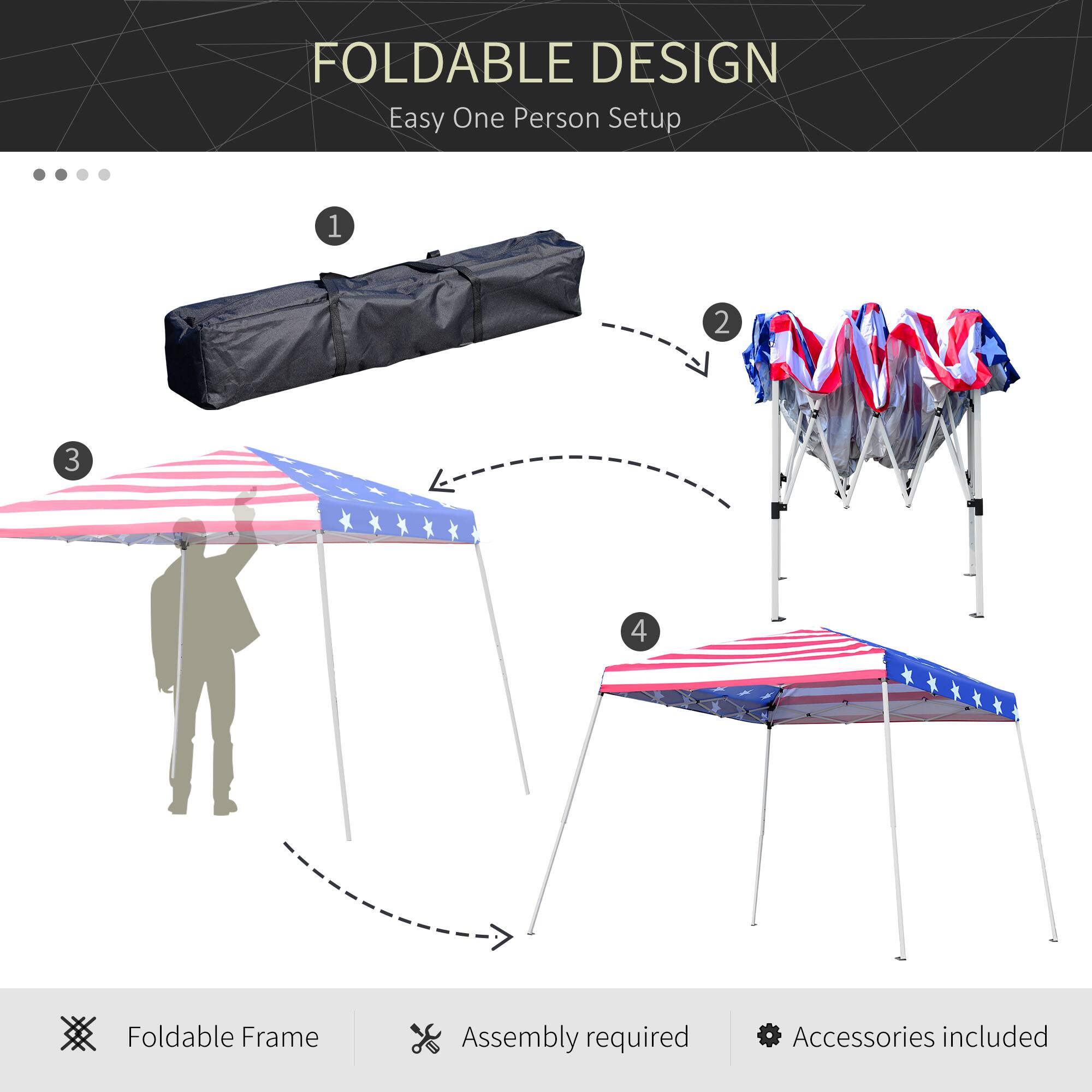 FOLDABLE DESIGN Easy One Person Setup

1. Foldable Frame
2. Assembly required
3. Accessories included
4. AWV