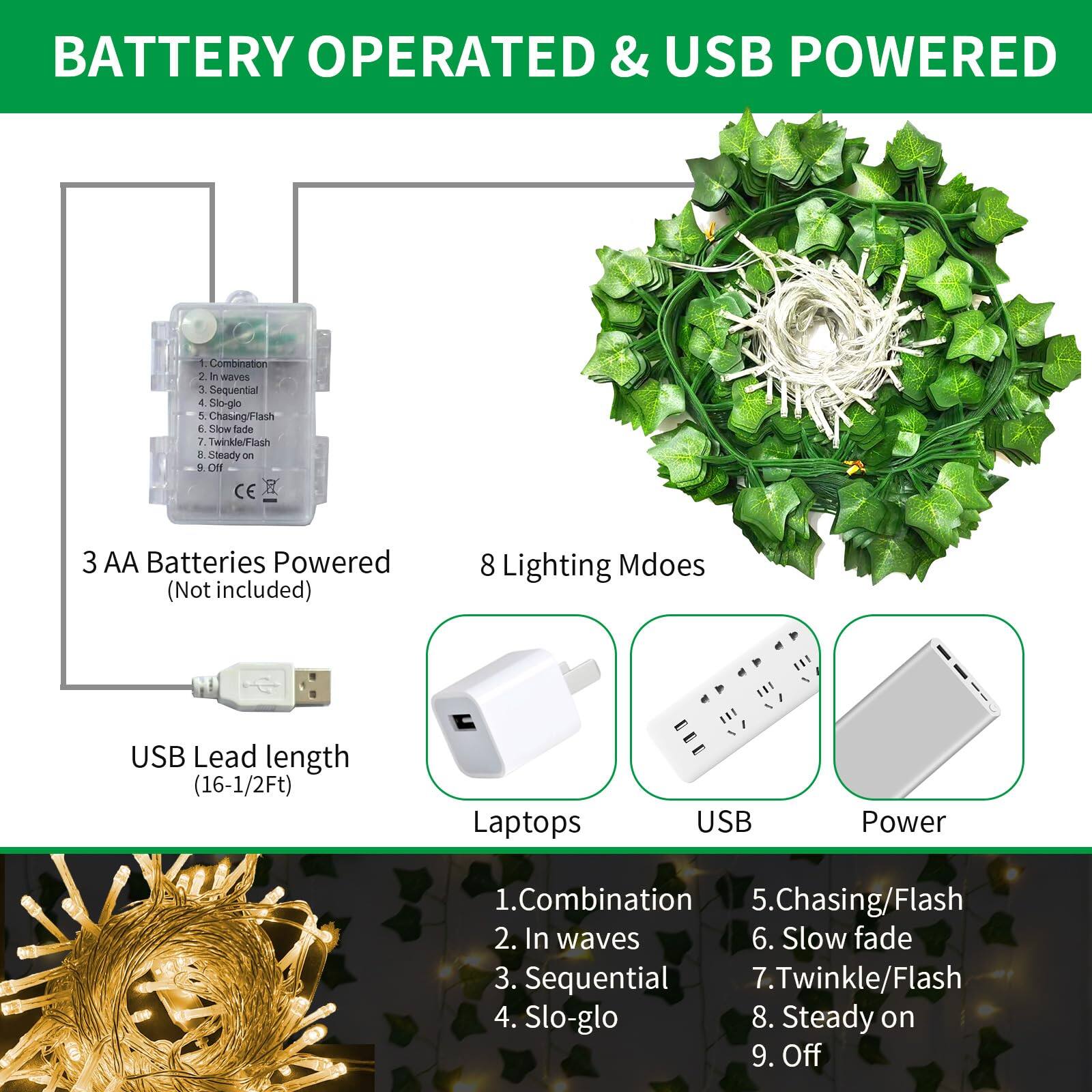 BATTERY OPERATED & USB POWERED

3 AA Batteries Powered (Not included)

USB Lead length (16-1/2Ft)

8 Lighting Modes

1. Combination
2. In waves
3. Sequential
4. Slo-glo
5. Chasing/Flash
6. Slow fade
7. Twinkle/Flash
8. Steady on
9. Off

Laptops USB Power