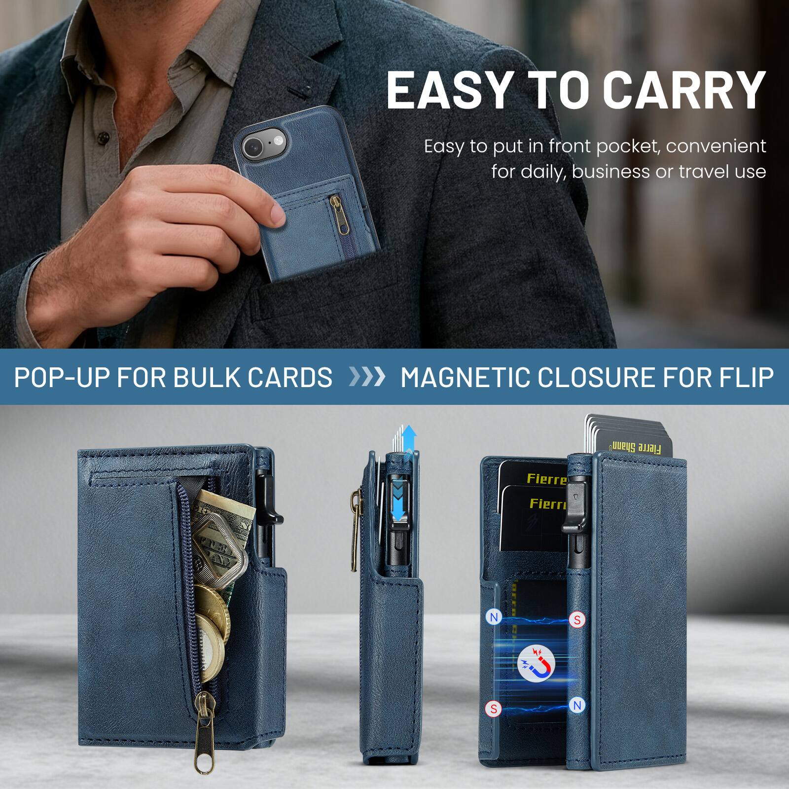 EASY TO CARRY  
Easy to put in front pocket, convenient for daily, business or travel use  

POP-UP FOR BULK CARDS >>> MAGNETIC CLOSURE FOR FLIP  

Fierre  
Fierre  
Fierre  

15  
0  
N  
S  
S  
N