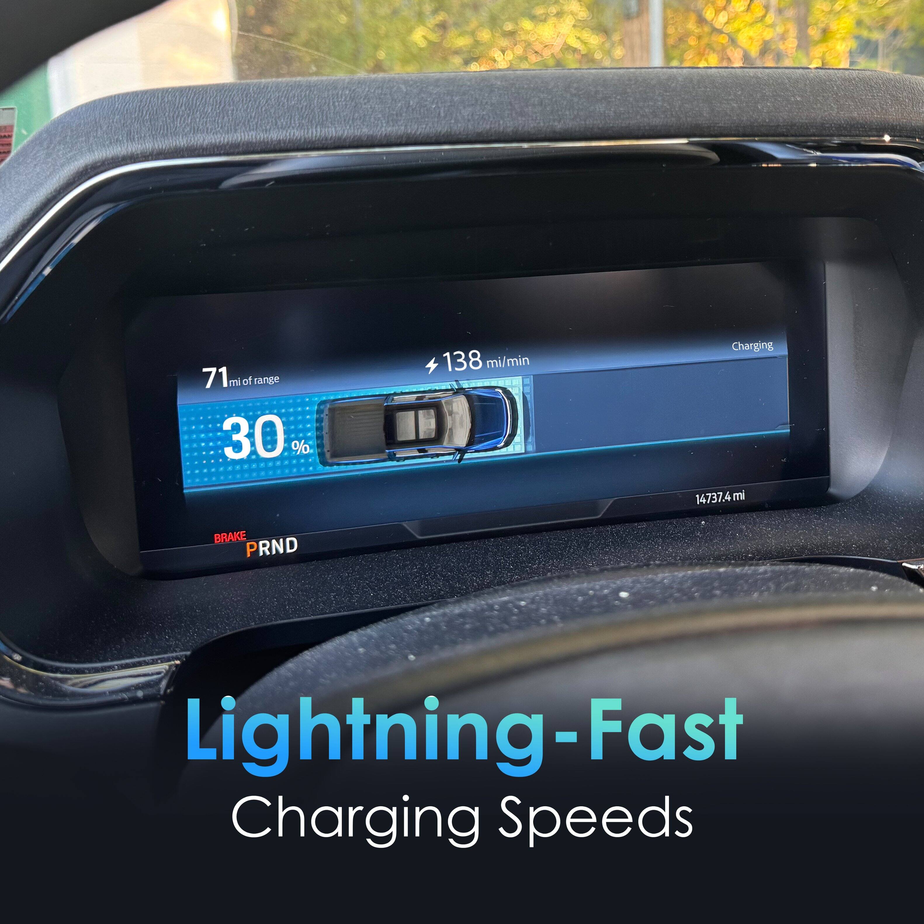 The text on the image reads: "Lightning-Fast Charging Speeds 30% 71 ml of range 138 mi/min BRAKE PRND."