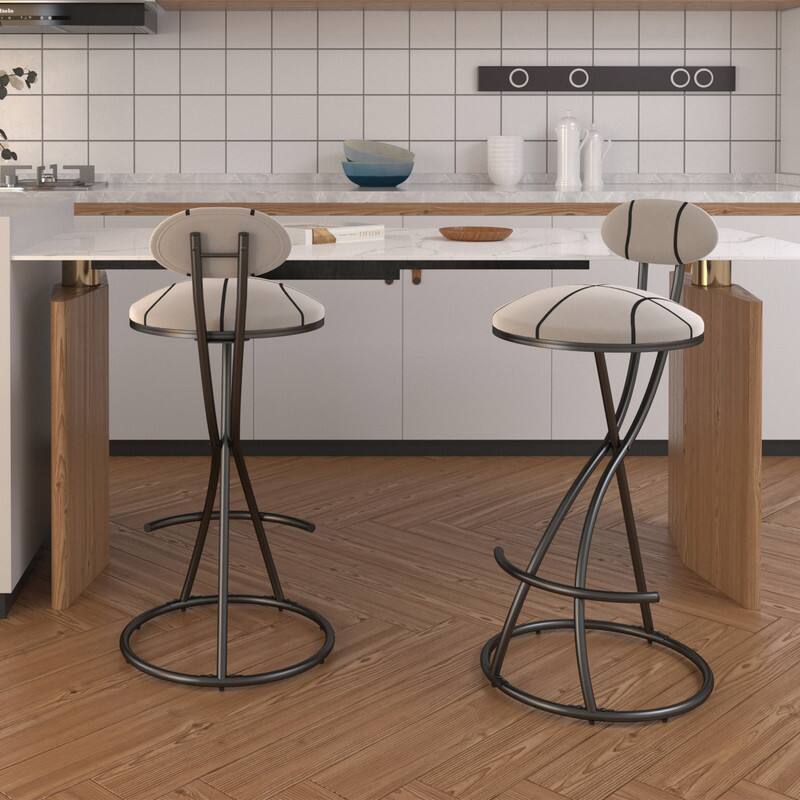 Alt View 1. HTUTWOO - Upholstered Bar Stools Set of 2, Striped Velvet Counter Height Barstools, for Kitchen Island & Living Room - Black.