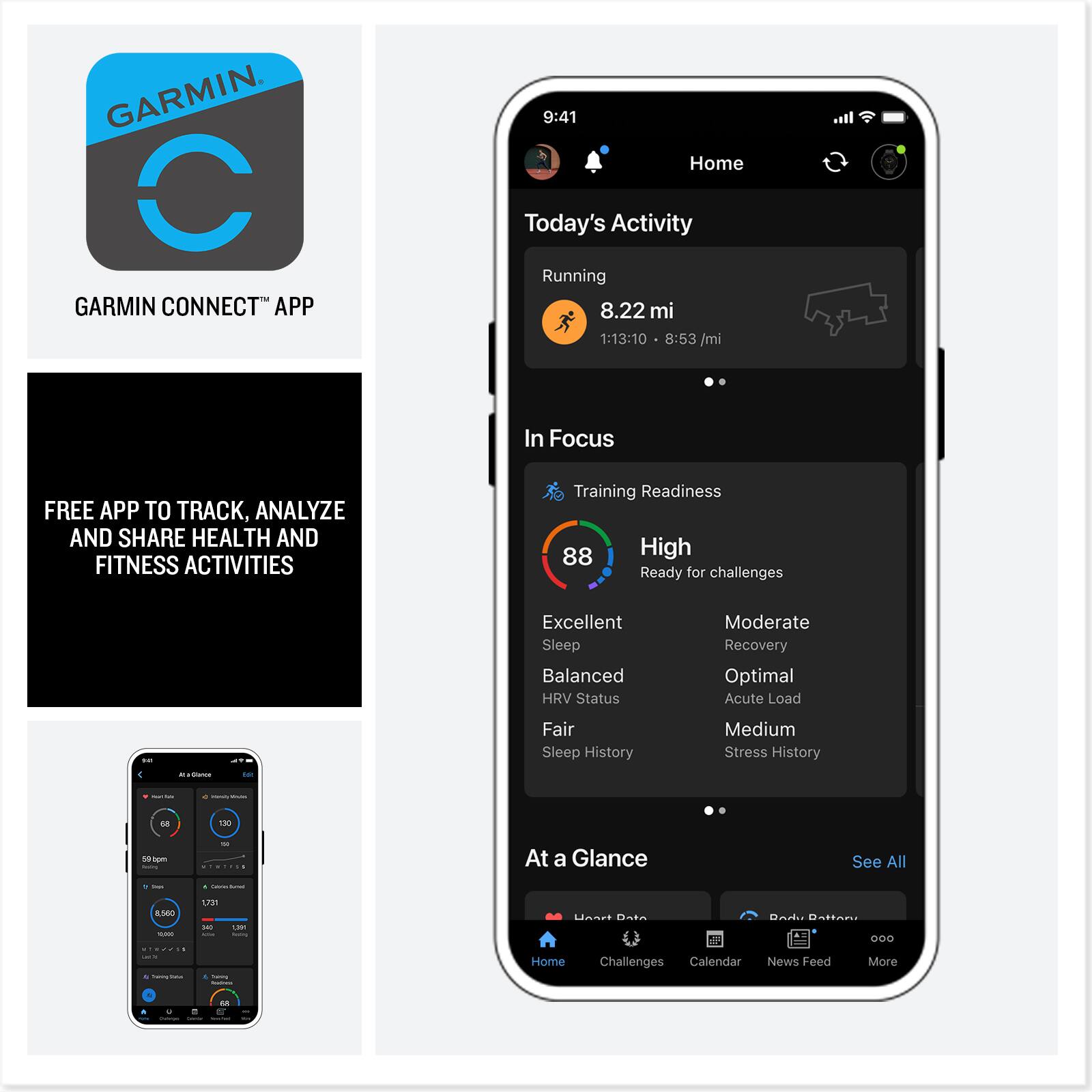 Garmin Connect App:

* Today's Activity: Running 8.22 mi in 1:13:10
* In Focus: Training Readiness 88, High
* Ready for challenges: Excellent
* Sleep Balanced: HRV Status Moderate
* Recovery: Optimal
* Acute Load: Fair
* Stress History: Medium
* At a Glance: See All

Garmin Connect App:

* Free app to track, analyze, and share health and fitness activities
* Training Readiness: 88
* High: In Focus
* Ready for challenges: Excellent
* Sleep Balanced: HRV Status Moderate
* Recovery: Optimal
* Acute Load: Fair
* Stress History: Medium
* At a Glance: See All