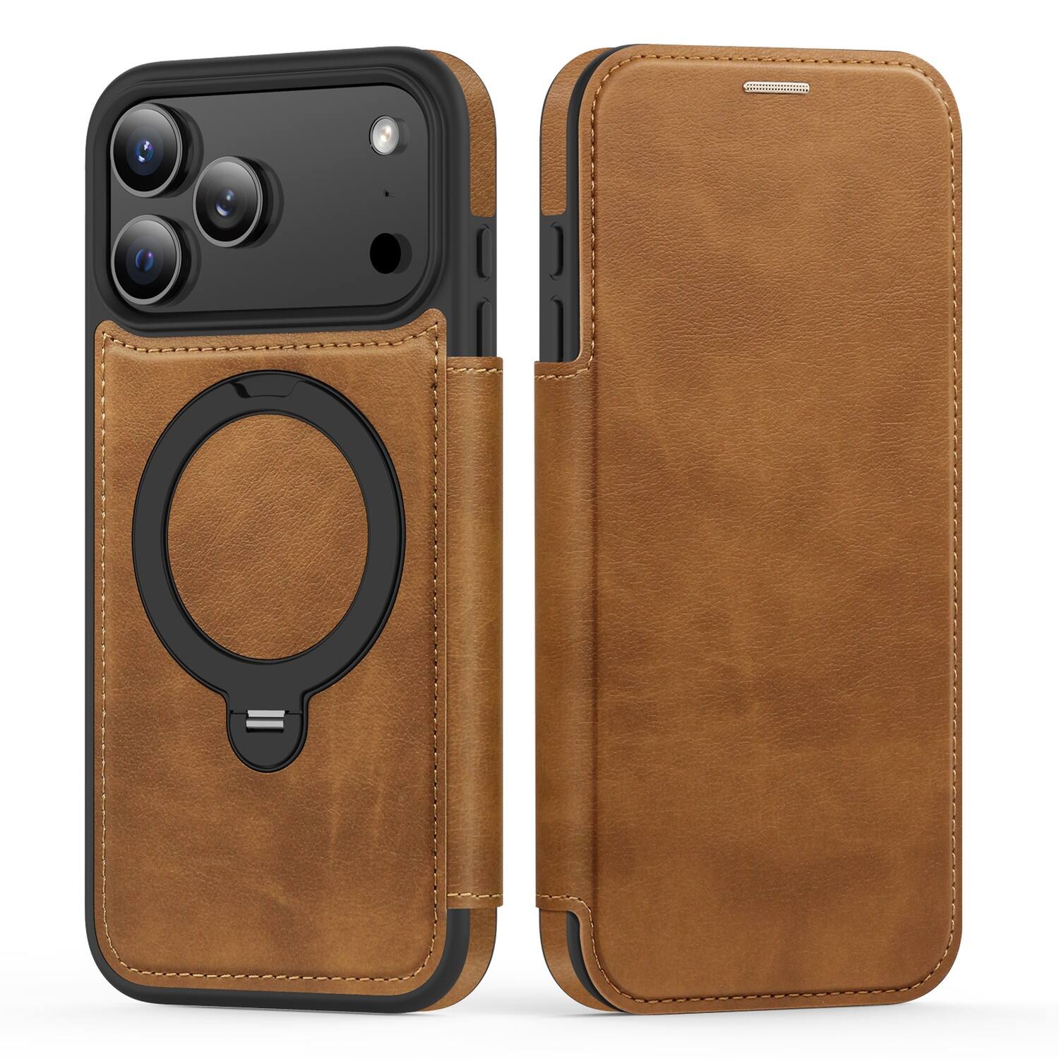 Angle. Dteck - For Apple iPhone 17 Pro Shockproof Leather RFID Blocking Card Slots Full Protection Mag Safe Case RIng Kickstand - Brown.