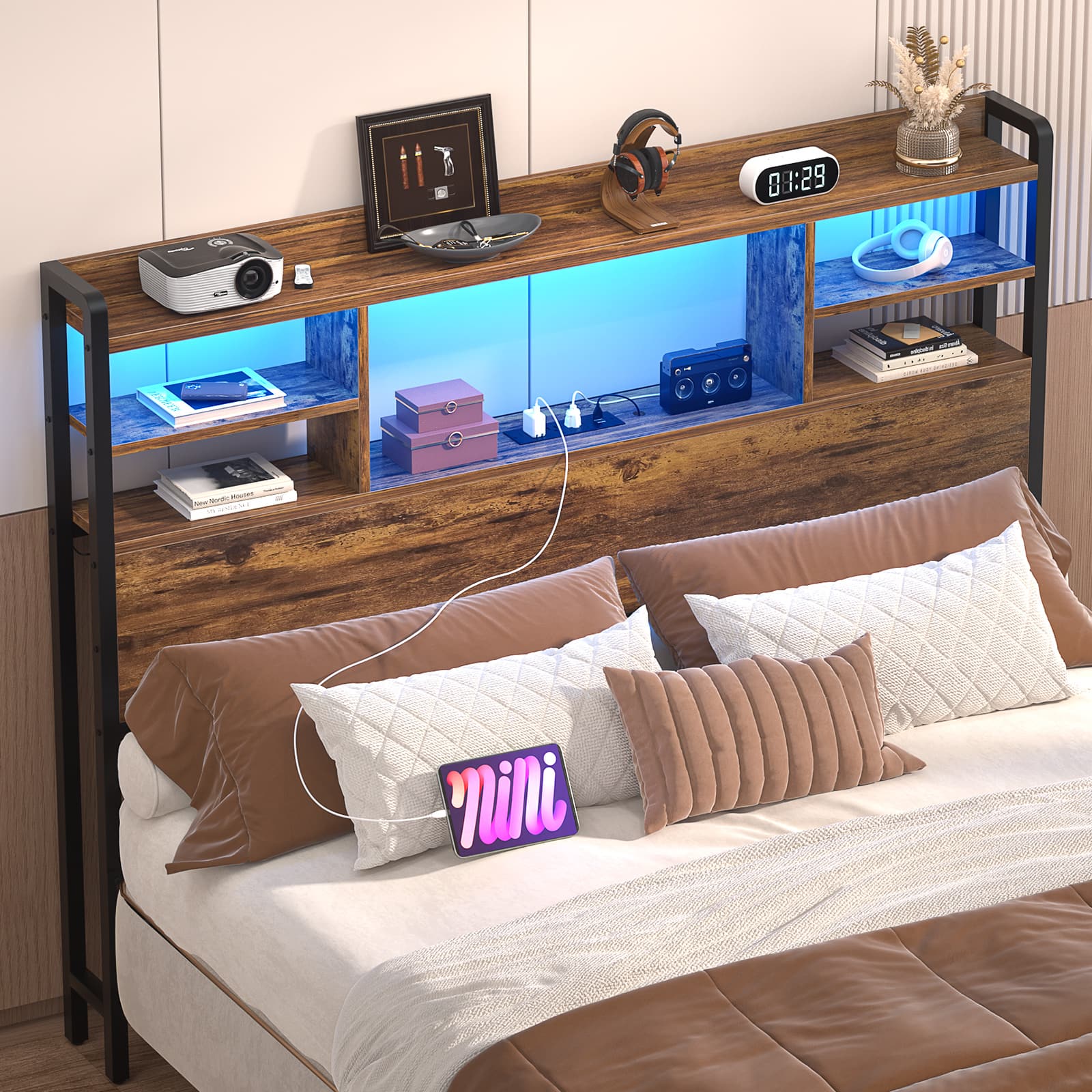Aheaplus - Twin Size Headboard with Power Outlet and RGB LED Lights, Headboard with Storage Shelves - Brown