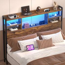 Aheaplus - Twin Size Headboard with Power Outlet and RGB LED Lights, Headboard with Storage Shelves - Brown