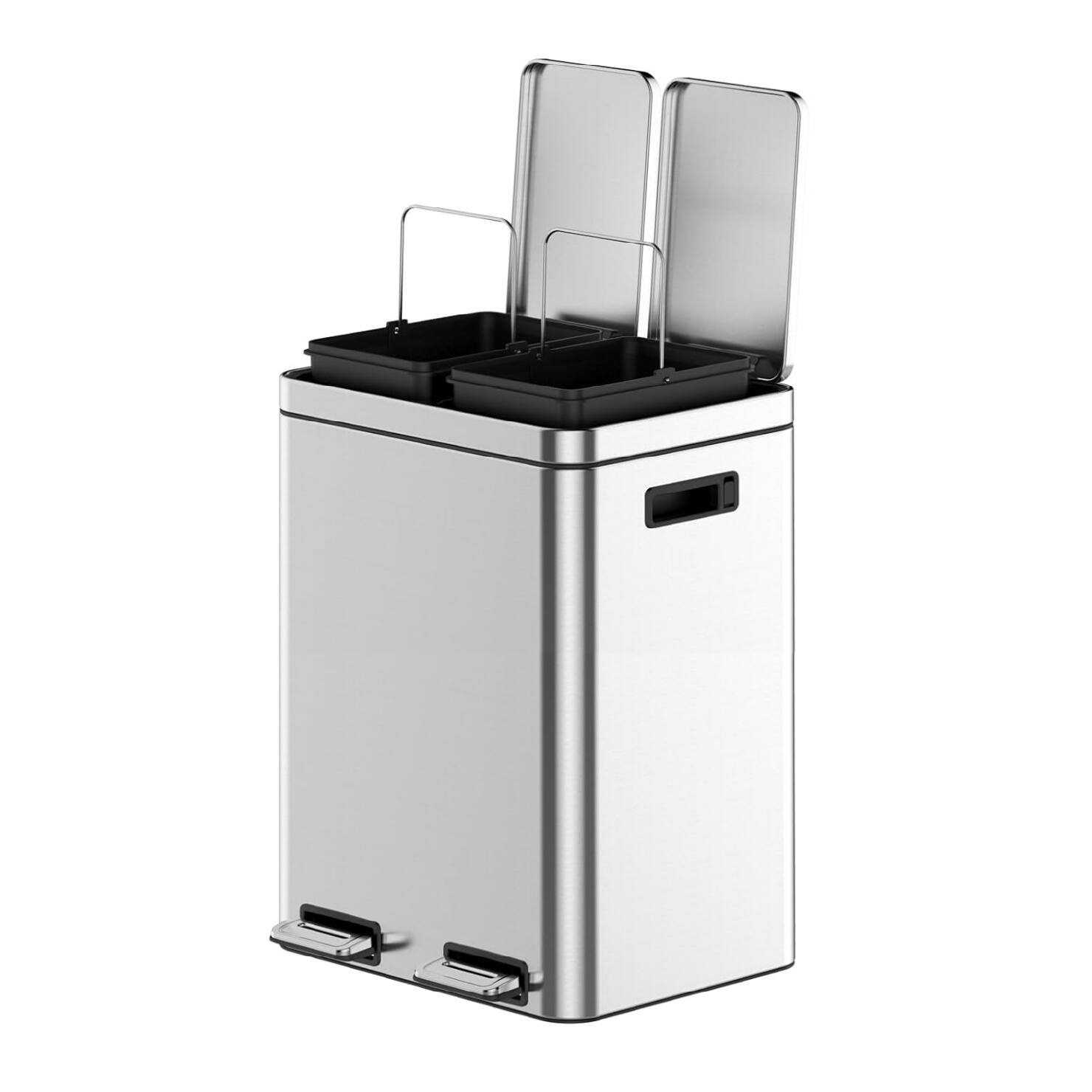 Front. GARVEE - Dual Compartment 40L Stainless Steel Kitchen Bin – Soft-Close Pedal, 2 Removable Buckets - Silver.