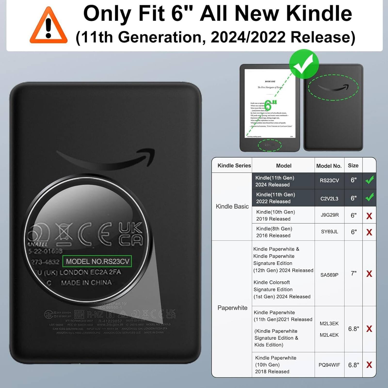 Only Fit 6" All New Kindle (11th Generation, 2024/2022 Release)

Kindle Series | Model | Model No. | Size
--- | --- | --- | ---
Kindle (11th Gen) 2024 Released | RS23CV | 6" | ✓
Kindle (11th Gen) 2022 Released | C2V2L3 | 6" | ✓
Kindle Basic | Kindle (10th Gen) 2019 Released | J9G29R | 6" | ✗
Kindle (8th Gen) 2016 Released | SY69JL | 6" | ✗
Kindle Paperwhite & Kindle Paperwhite Signature Edition (12th Gen) 2024 Released | SA569P | 7" | ✗
Kindle Colorsoft Signature Edition (1st Gen) 2024 Released | Paperwhite Kindle Paperwhite (11th Gen) 2021 Released | M2L3EK (Kindle Paperwhite M2L4EK Signature Edition & Kids Edition) | 6.8