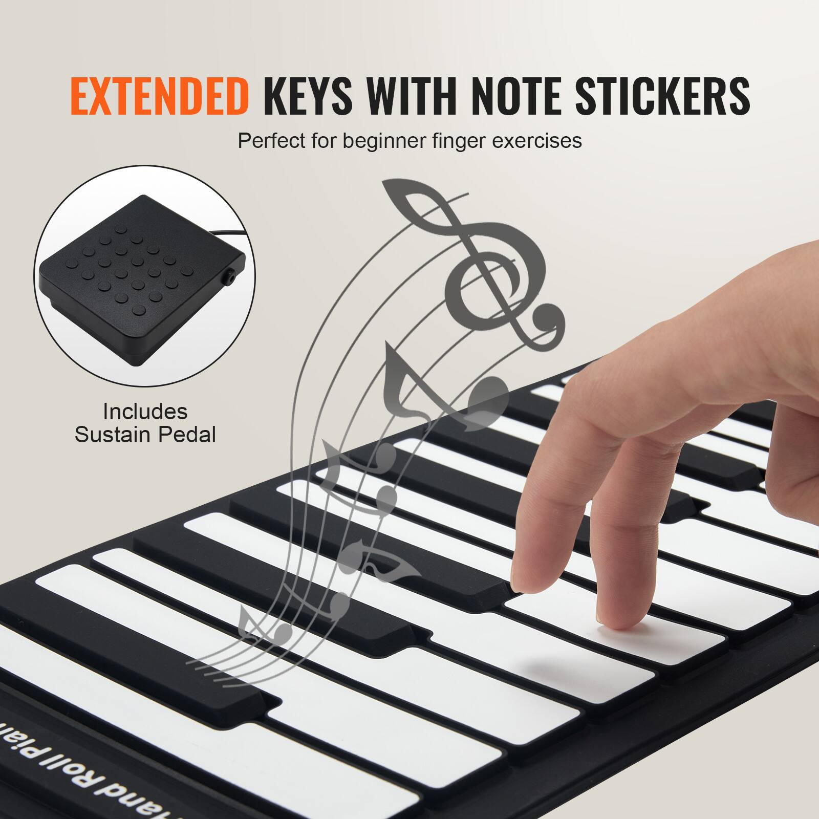 EXTENDED KEYS WITH NOTE STICKERS  
Perfect for beginner finger exercises  

Includes Sustain Pedal